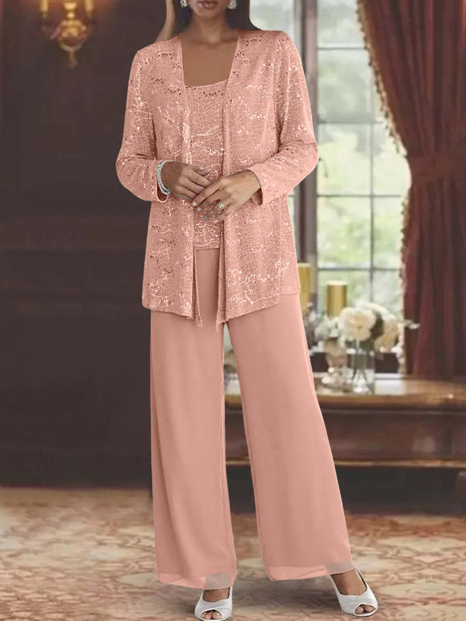 Sequined Chiffon Pantsuits for the Mother of the Bride with Jacket-BMbridal