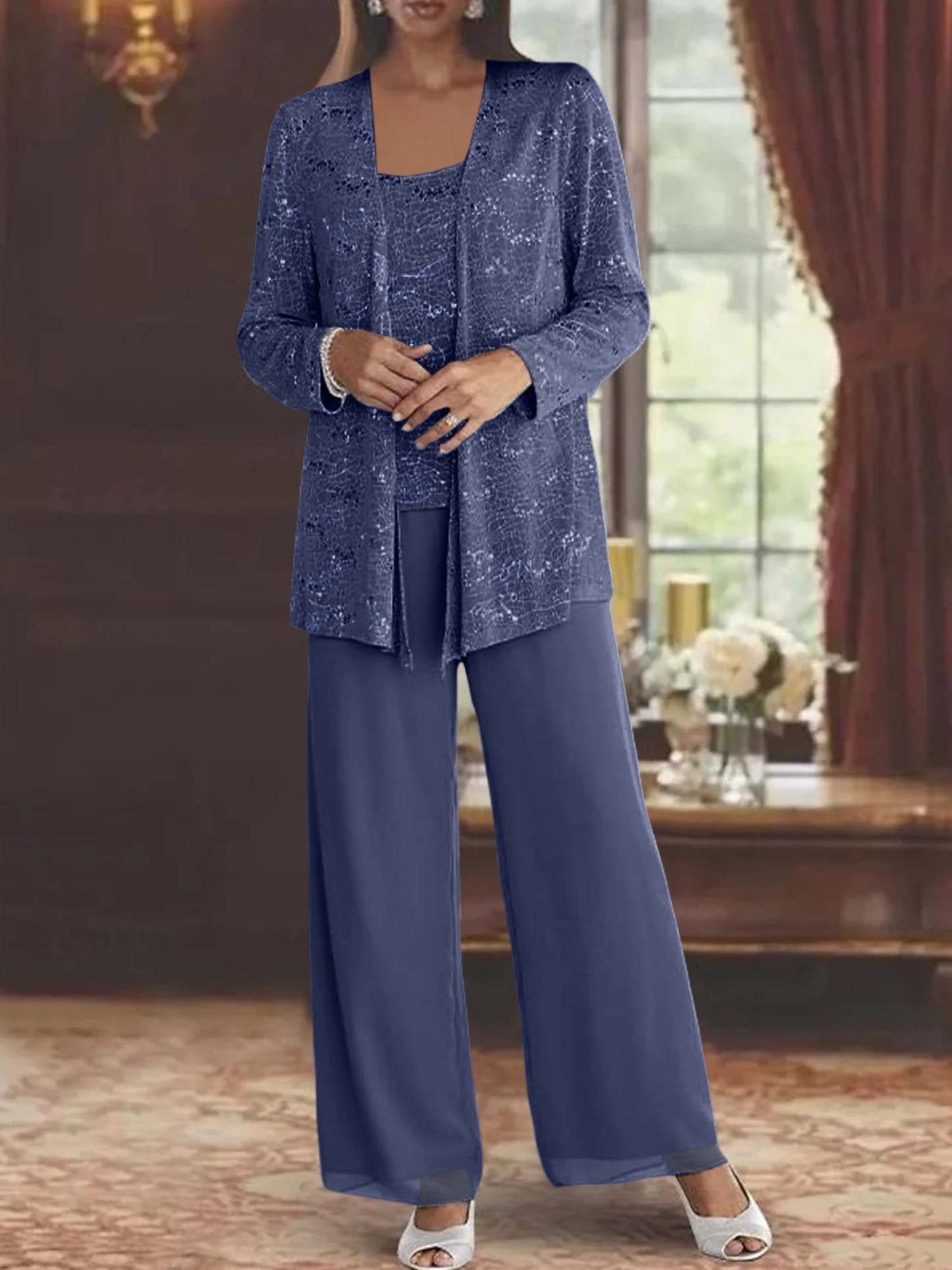 Sequined Chiffon Pantsuits for the Mother of the Bride with Jacket-BMbridal