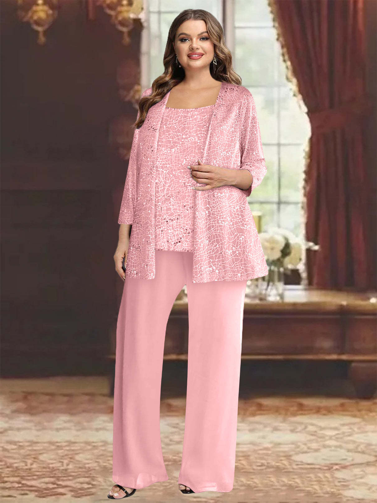 Plus Size Chiffon Mother of the Bride Pantsuit with Sequined Jacket-BMbridal
