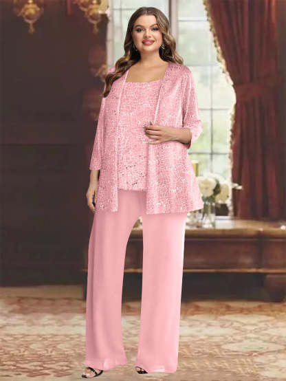 Plus Size Chiffon Mother of the Bride Pantsuit with Sequined Jacket-BMbridal