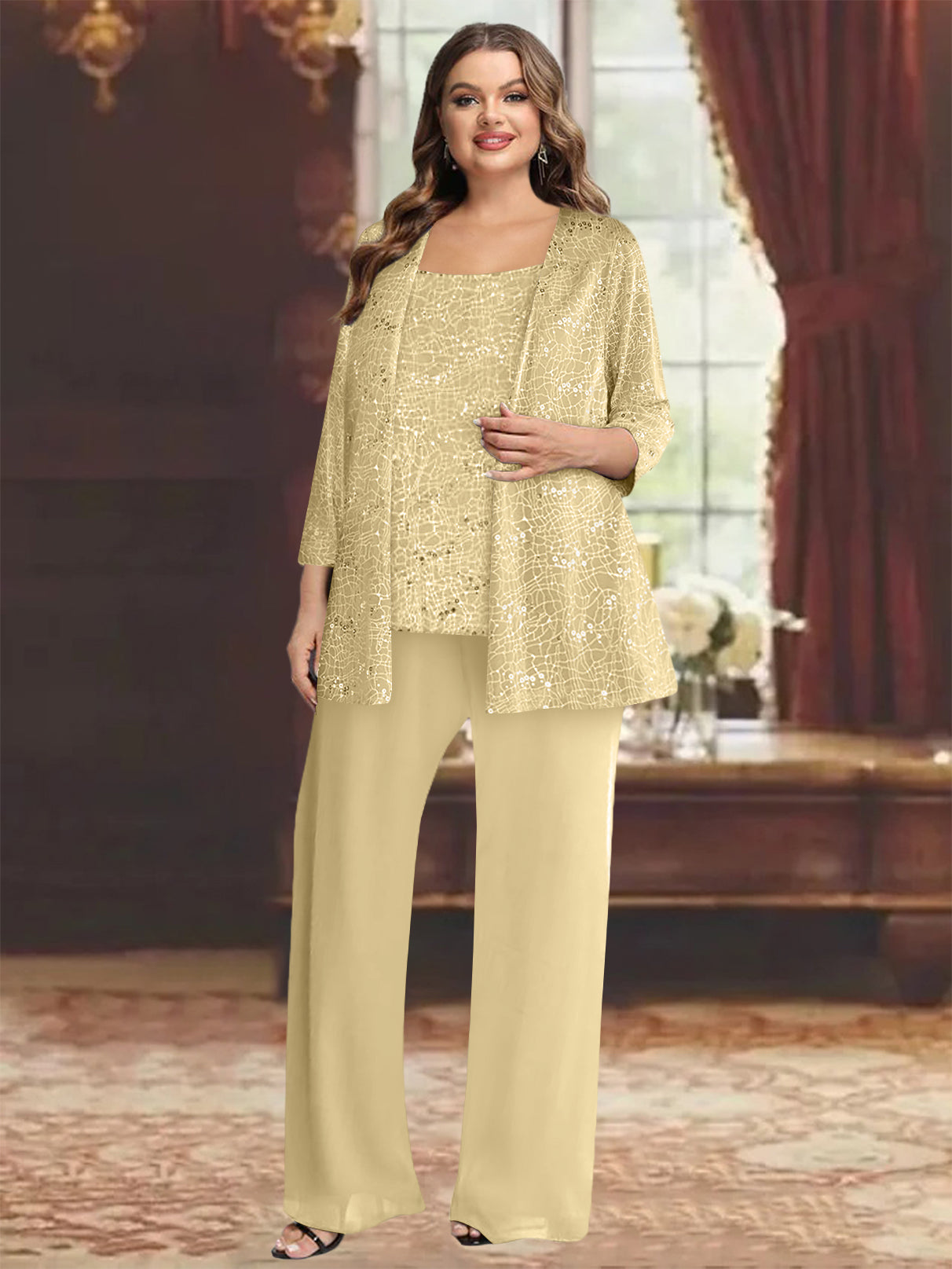 Plus Size Chiffon Mother of the Bride Pantsuit with Sequined Jacket-BMbridal