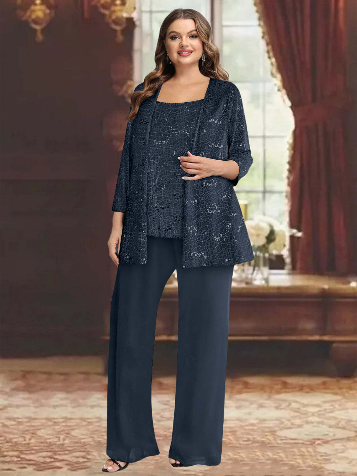 Plus Size Chiffon Mother of the Bride Pantsuit with Sequined Jacket-BMbridal