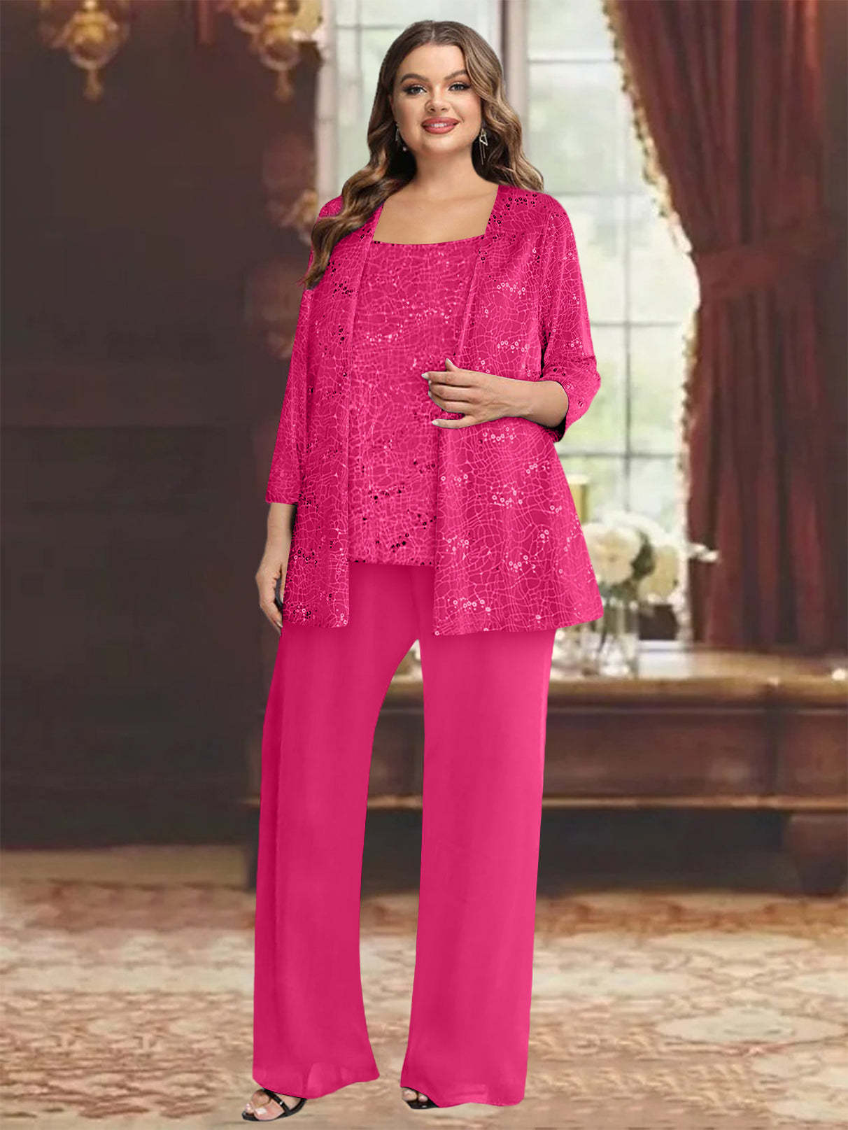 Plus Size Chiffon Mother of the Bride Pantsuit with Sequined Jacket-BMbridal