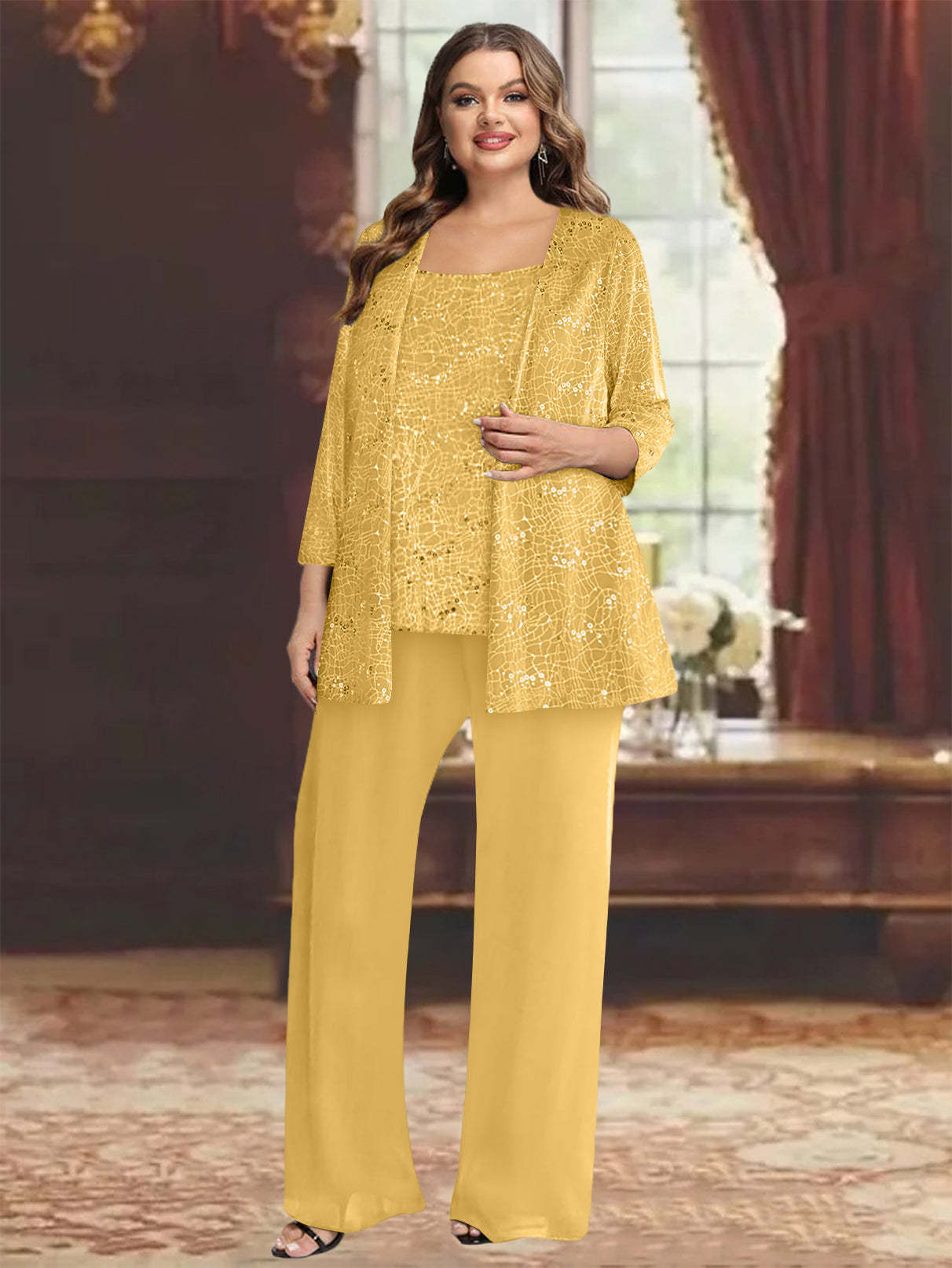 Plus Size Chiffon Mother of the Bride Pantsuit with Sequined Jacket-BMbridal
