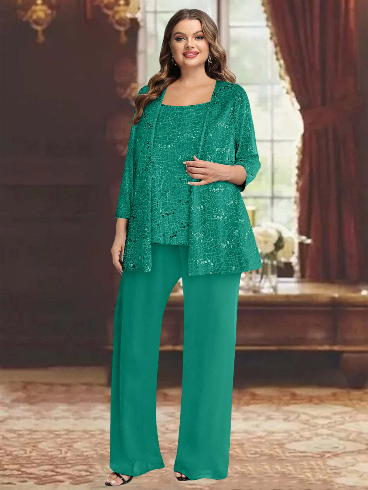Plus Size Chiffon Mother of the Bride Pantsuit with Sequined Jacket-BMbridal
