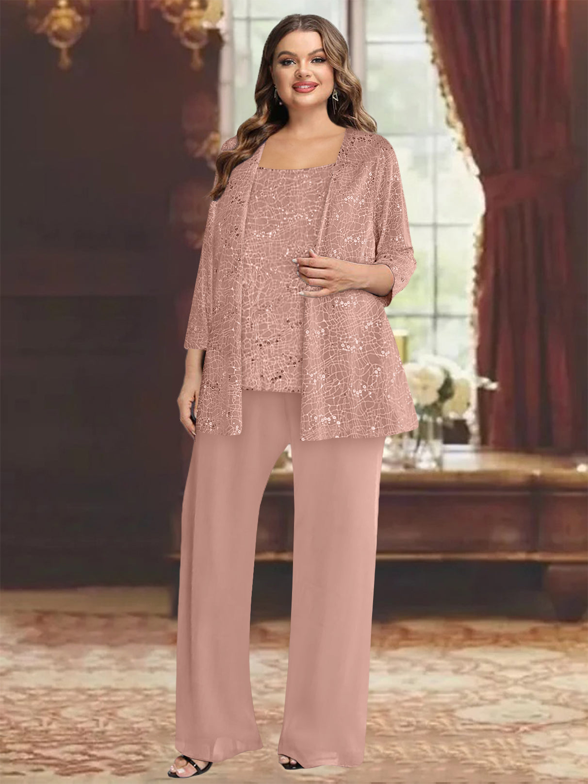 Plus Size Chiffon Mother of the Bride Pantsuit with Sequined Jacket-BMbridal