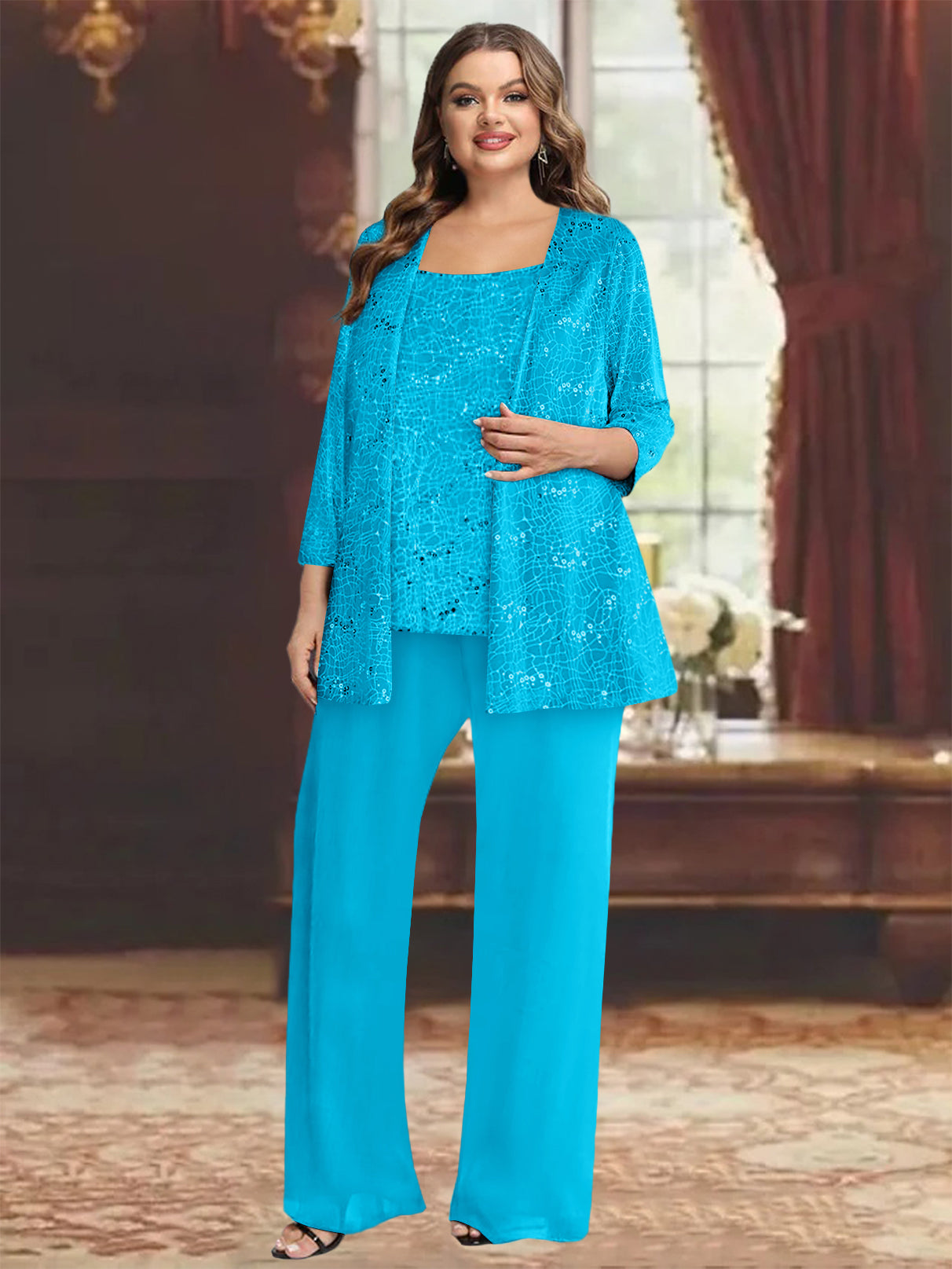 Plus Size Chiffon Mother of the Bride Pantsuit with Sequined Jacket-BMbridal