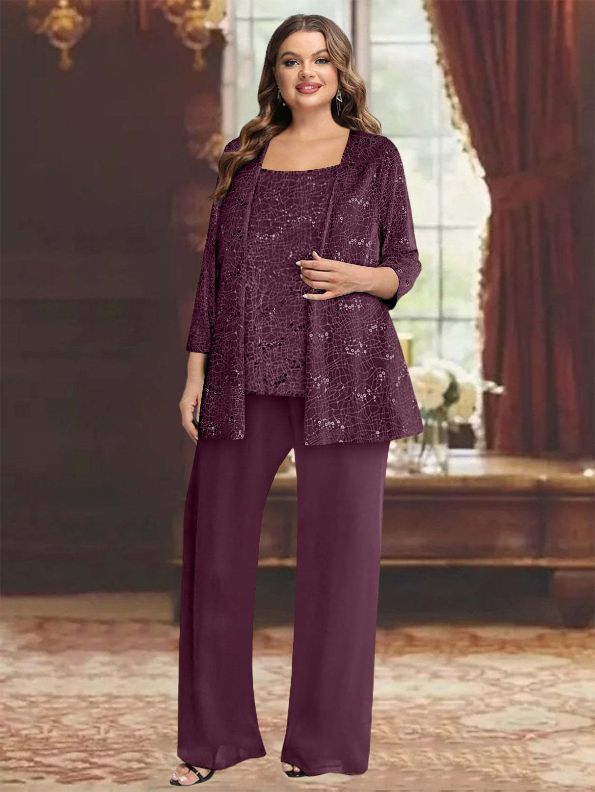 Plus Size Chiffon Mother of the Bride Pantsuit with Sequined Jacket-BMbridal