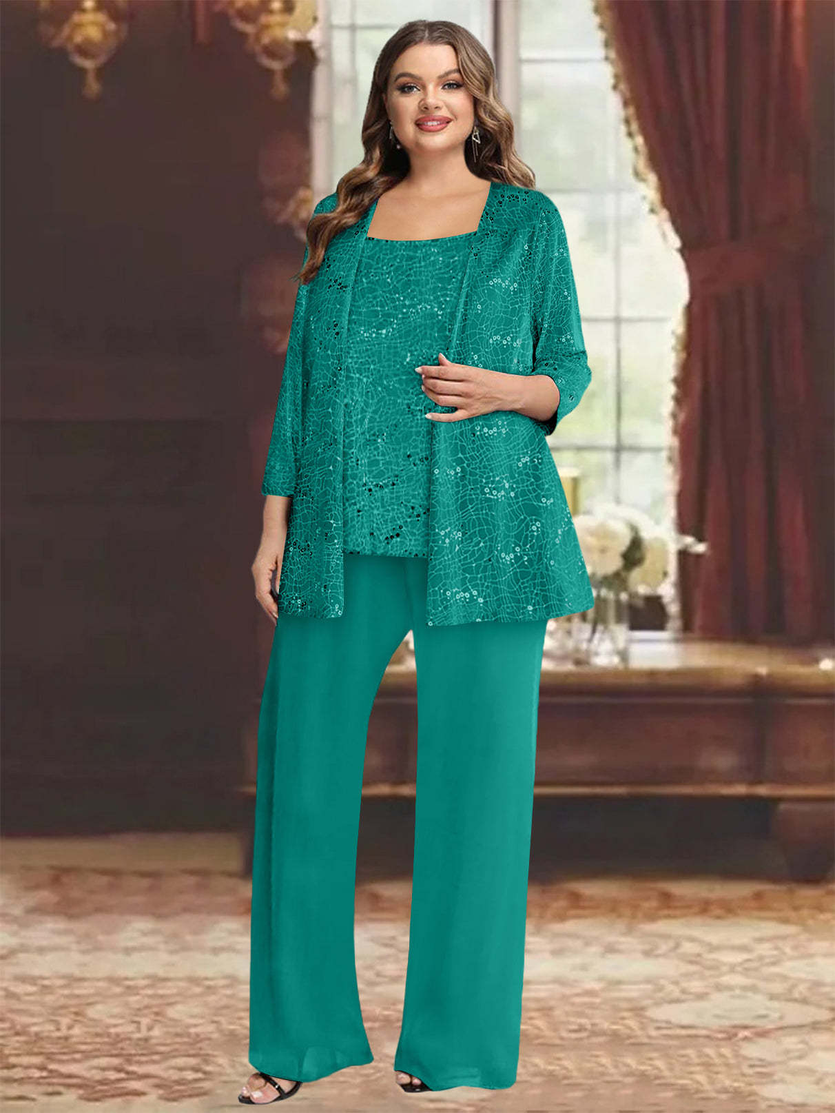 Plus Size Chiffon Mother of the Bride Pantsuit with Sequined Jacket-BMbridal