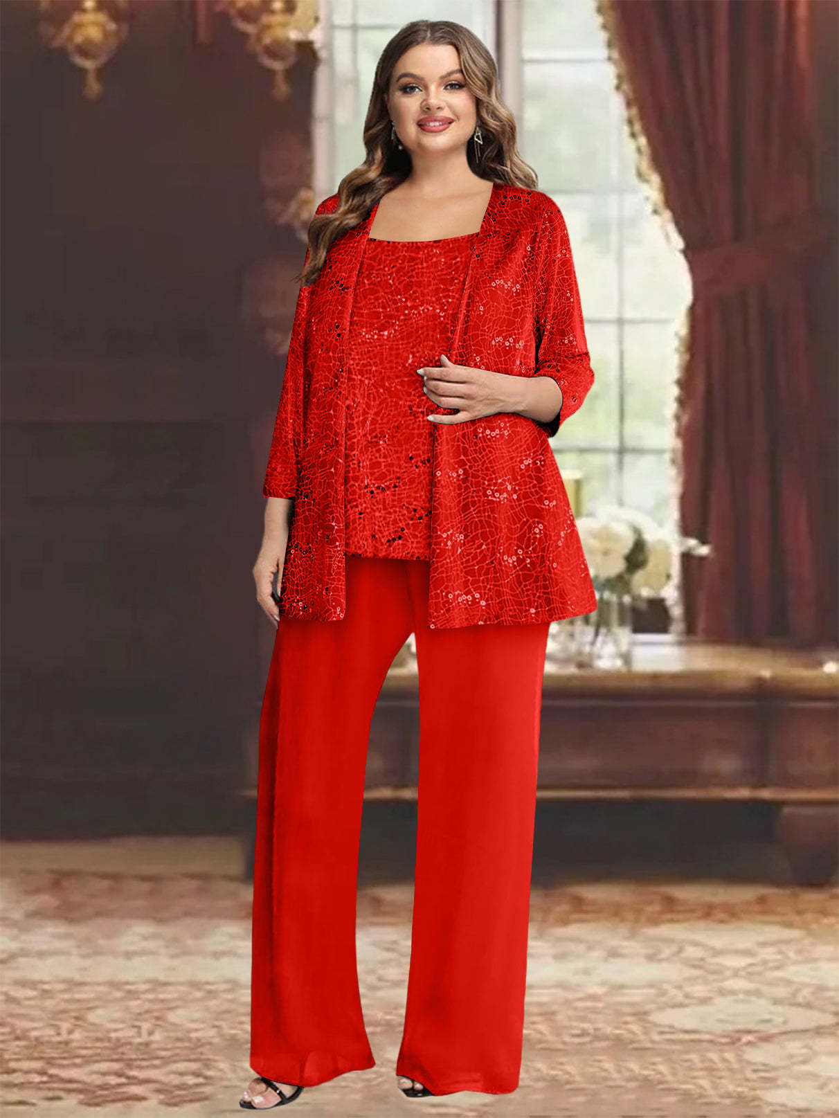 Plus Size Chiffon Mother of the Bride Pantsuit with Sequined Jacket-BMbridal