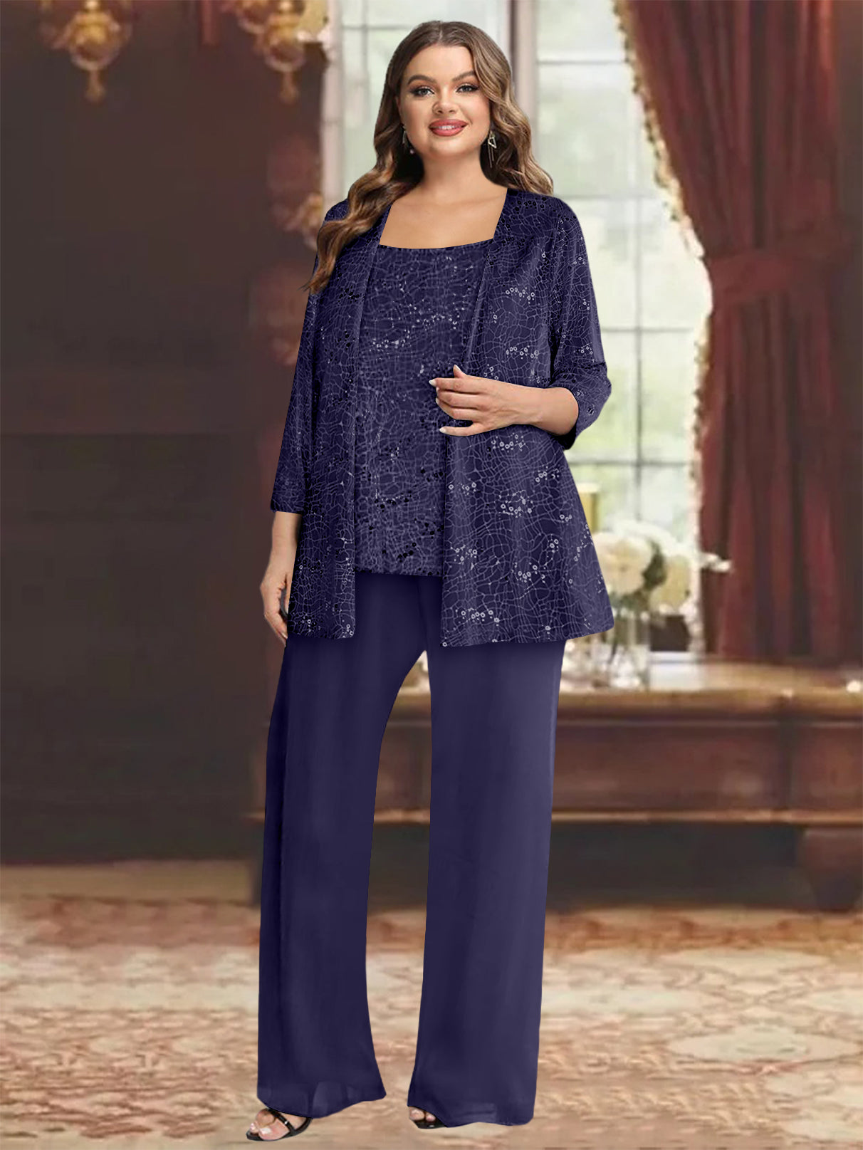 Plus Size Chiffon Mother of the Bride Pantsuit with Sequined Jacket-BMbridal