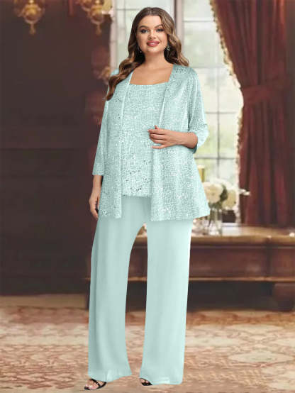 Plus Size Chiffon Mother of the Bride Pantsuit with Sequined Jacket-BMbridal