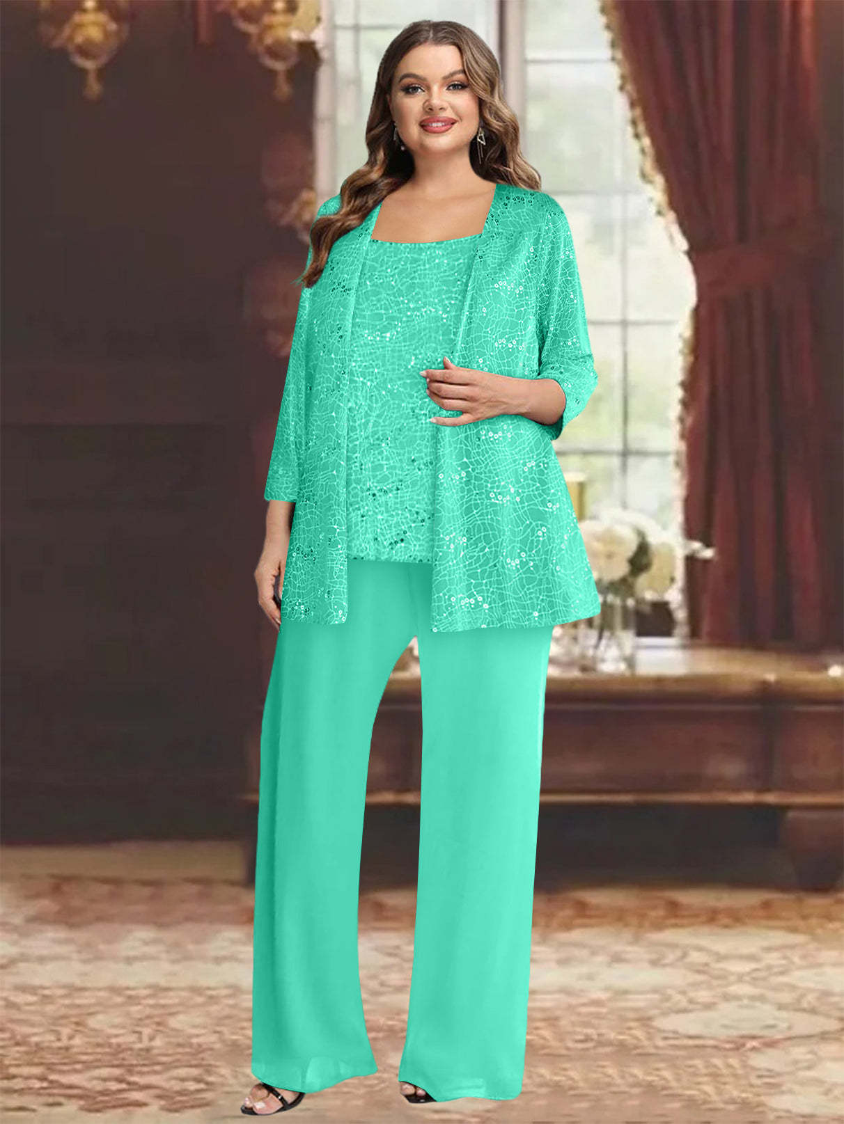 Plus Size Chiffon Mother of the Bride Pantsuit with Sequined Jacket-BMbridal