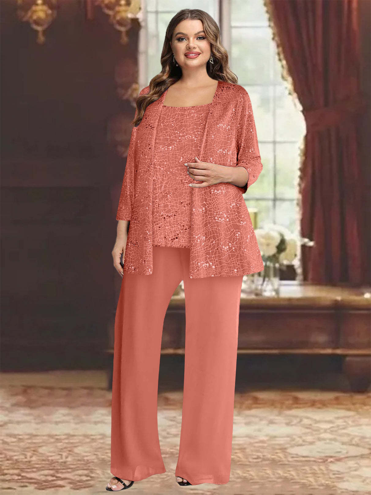 Plus Size Chiffon Mother of the Bride Pantsuit with Sequined Jacket-BMbridal