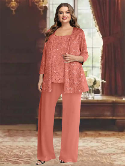 Plus Size Chiffon Mother of the Bride Pantsuit with Sequined Jacket-BMbridal