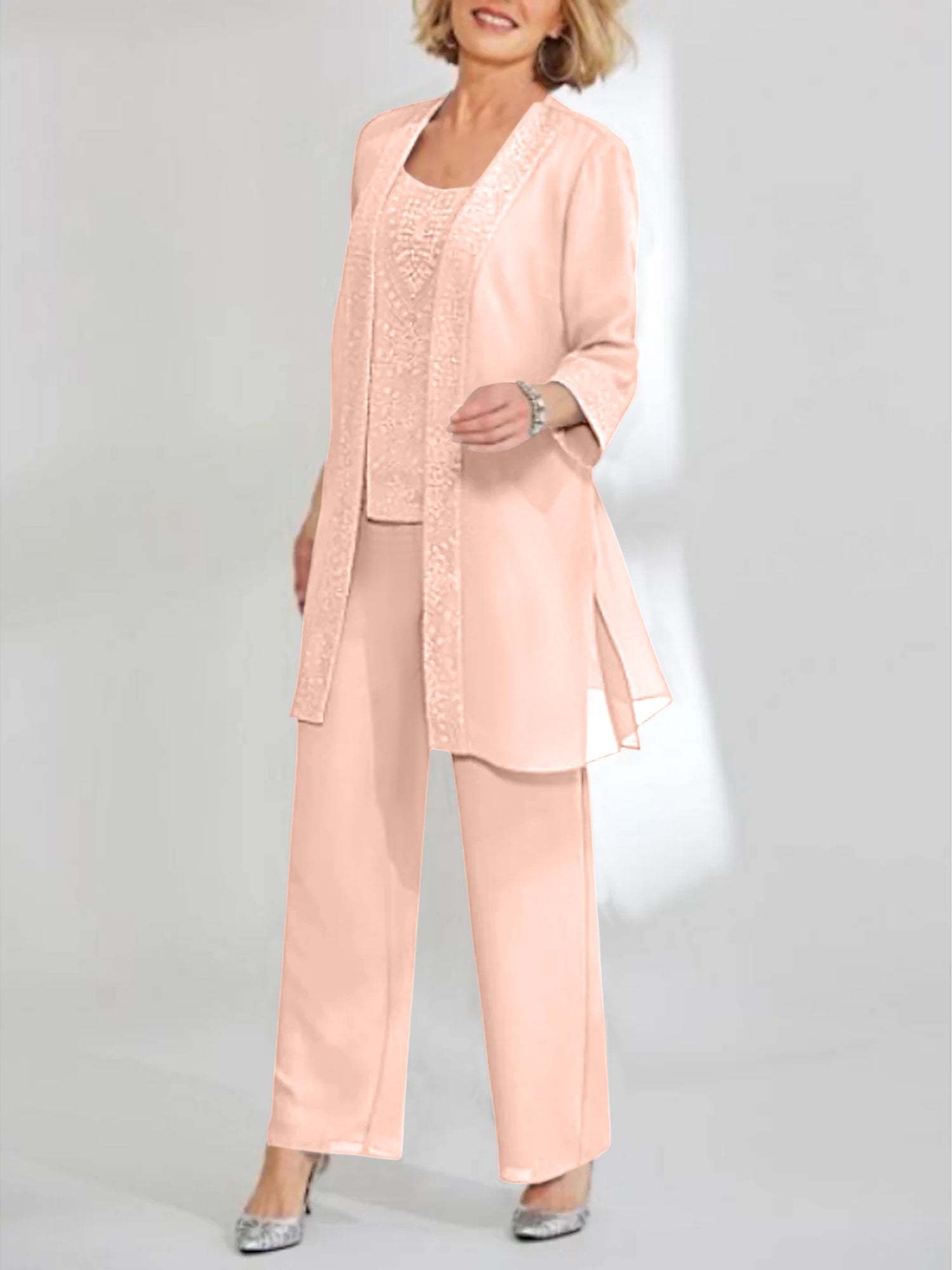 Ankle-Length Chiffon Mother of the Bride Pantsuit with Jacket in Scoop Style-BMbridal