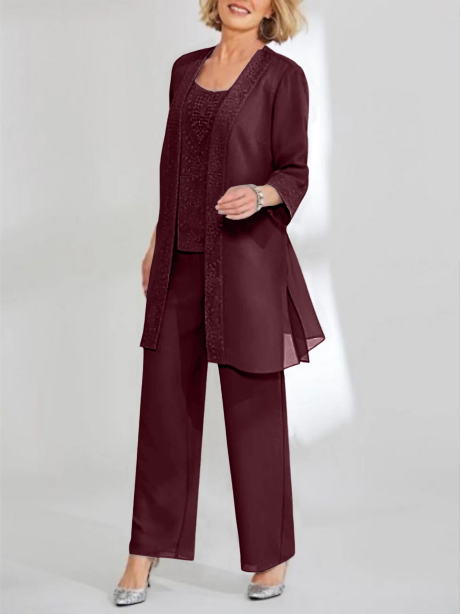 Ankle-Length Chiffon Mother of the Bride Pantsuit with Jacket in Scoop Style-BMbridal