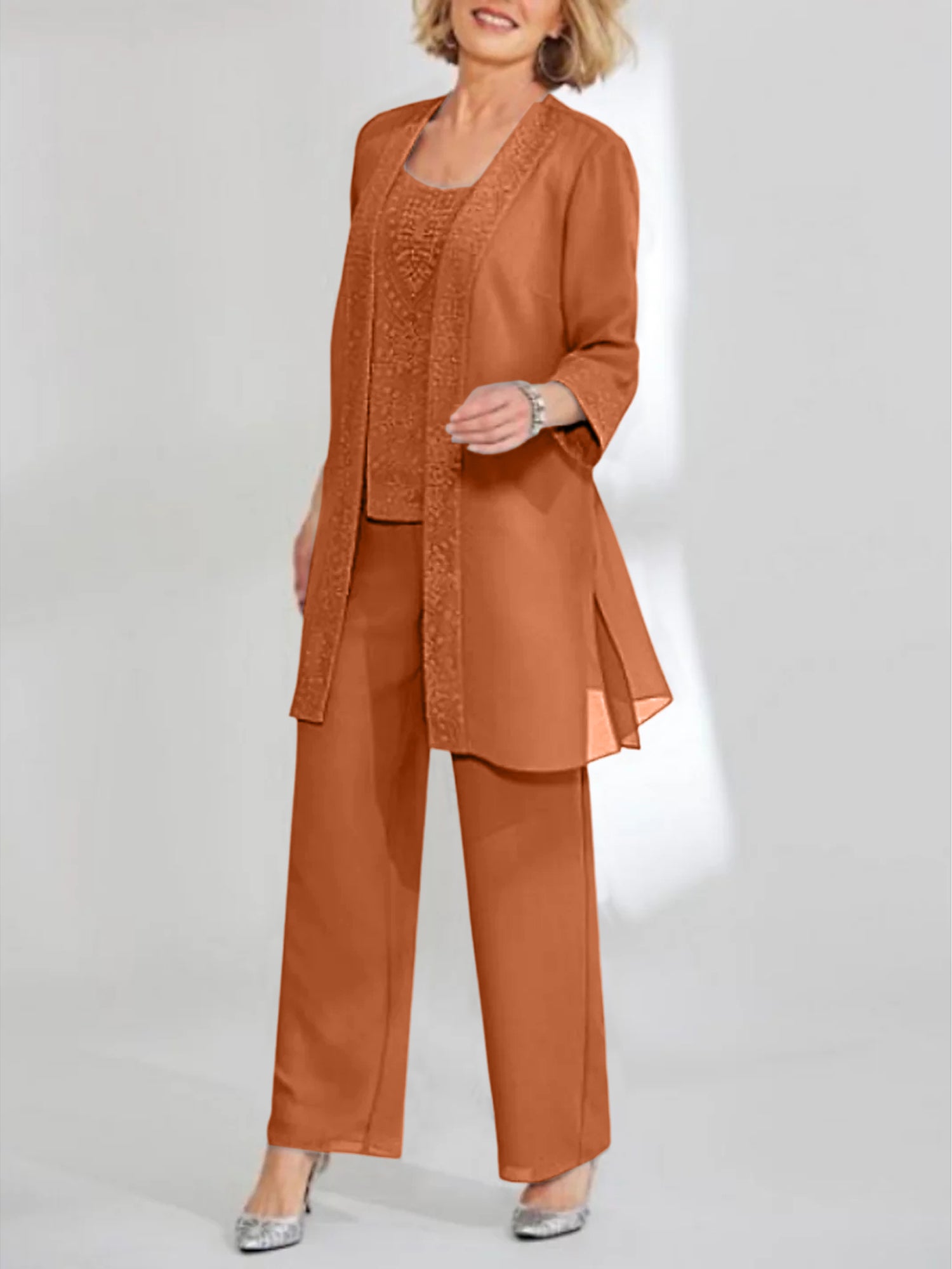 Ankle-Length Chiffon Mother of the Bride Pantsuit with Jacket in Scoop Style-BMbridal