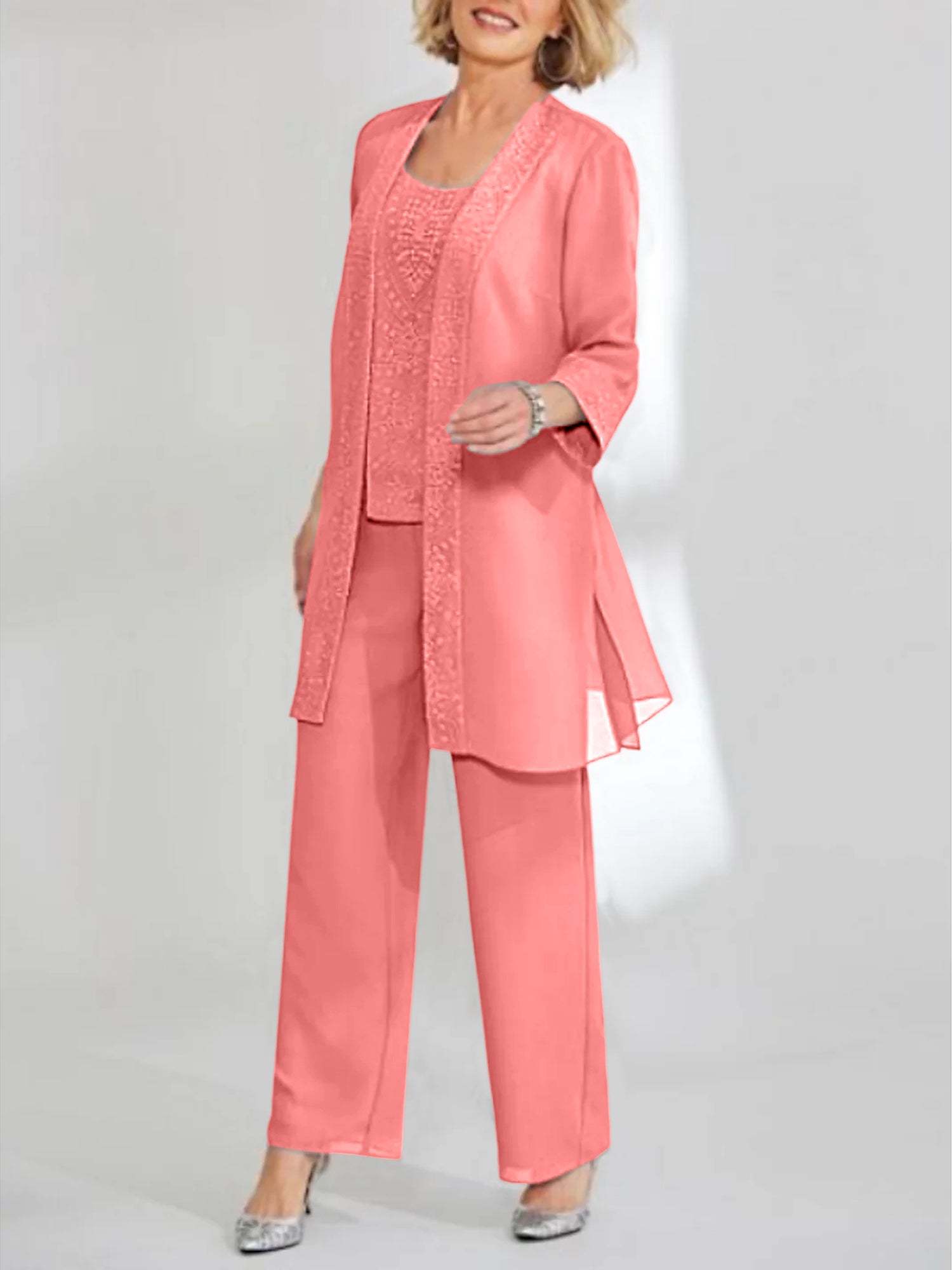 Ankle-Length Chiffon Mother of the Bride Pantsuit with Jacket in Scoop Style-BMbridal