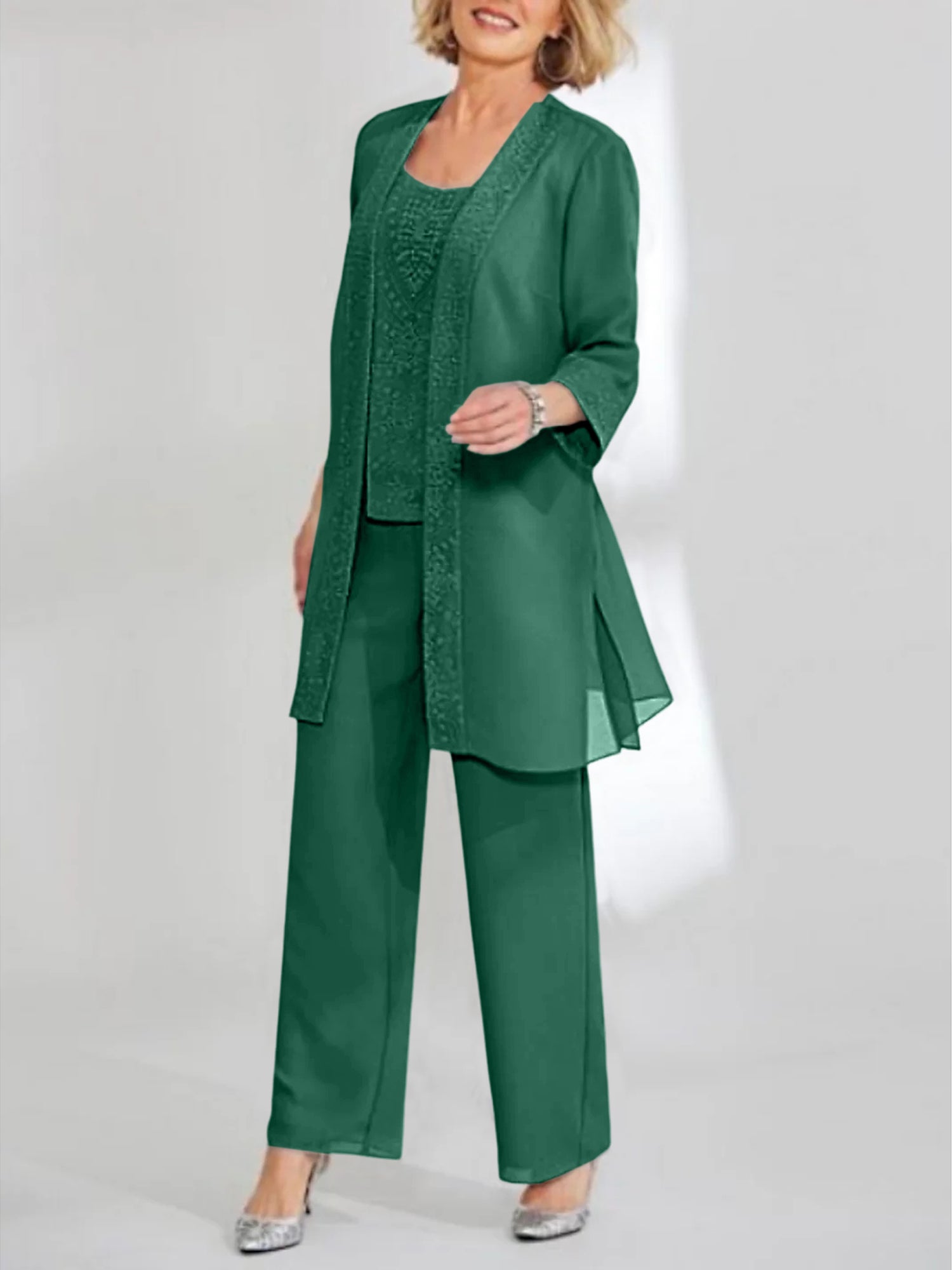 Ankle-Length Chiffon Mother of the Bride Pantsuit with Jacket in Scoop Style-BMbridal