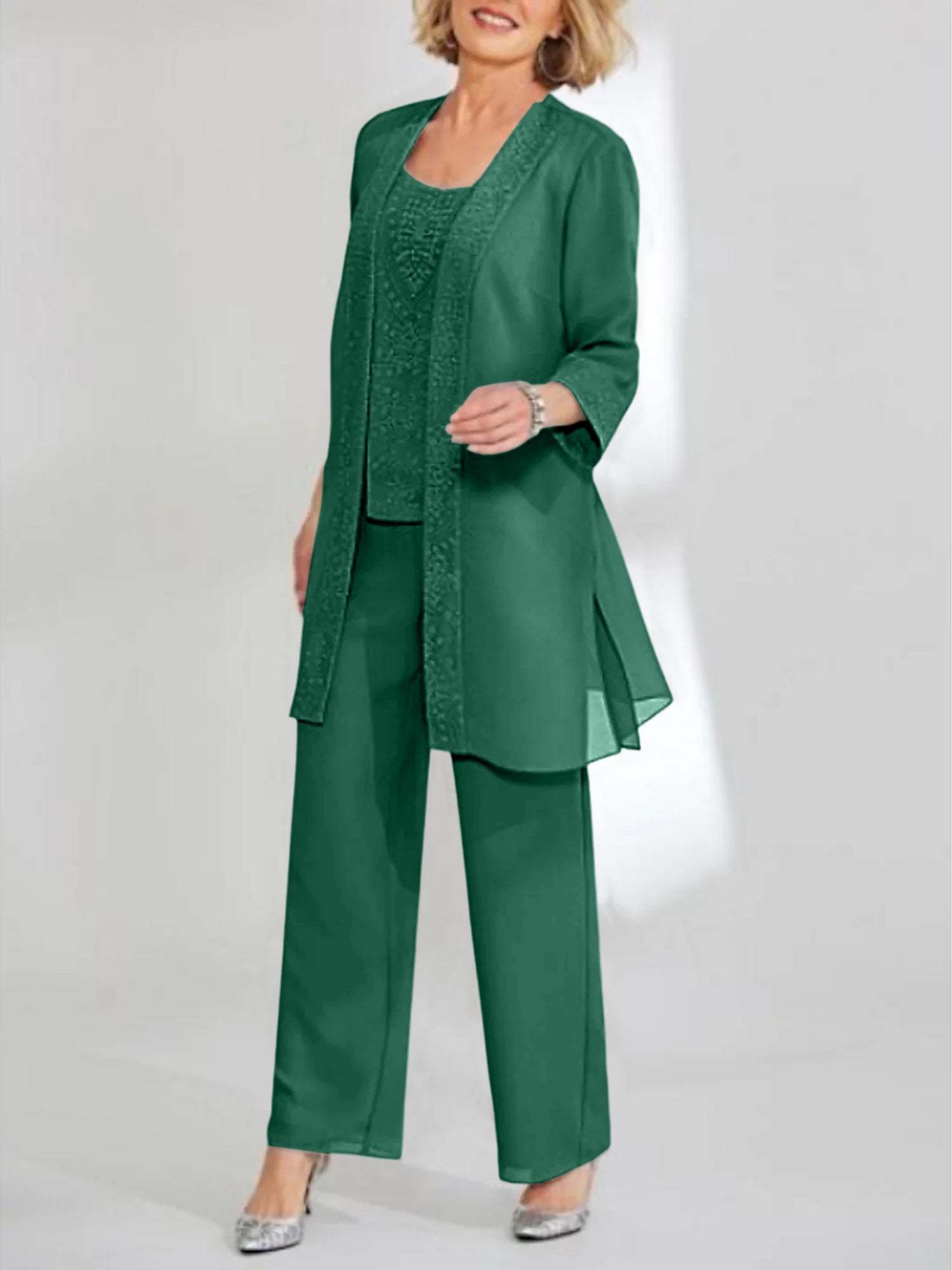 Ankle-Length Chiffon Mother of the Bride Pantsuit with Jacket in Scoop Style-BMbridal