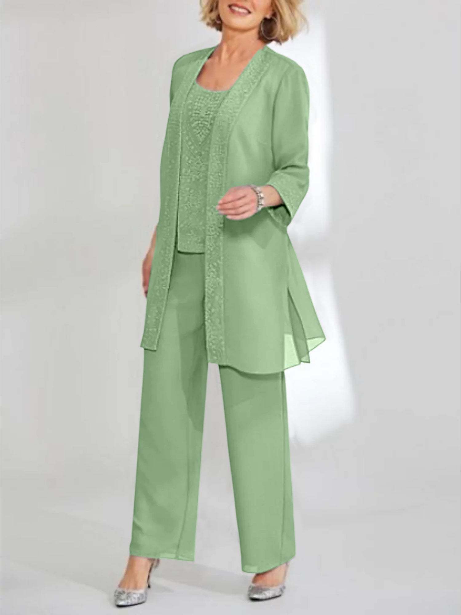 Ankle-Length Chiffon Mother of the Bride Pantsuit with Jacket in Scoop Style-BMbridal