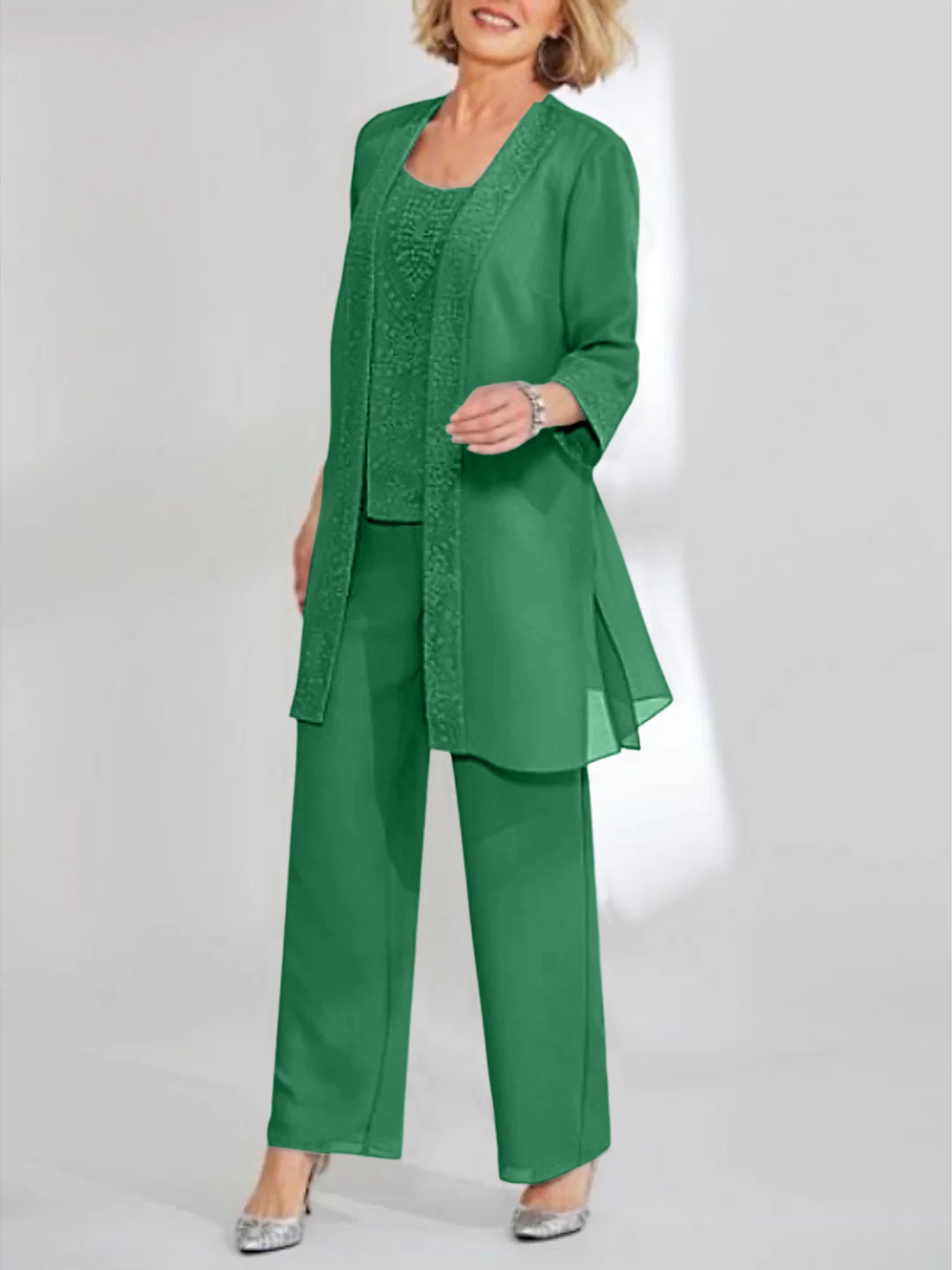 Ankle-Length Chiffon Mother of the Bride Pantsuit with Jacket in Scoop Style-BMbridal
