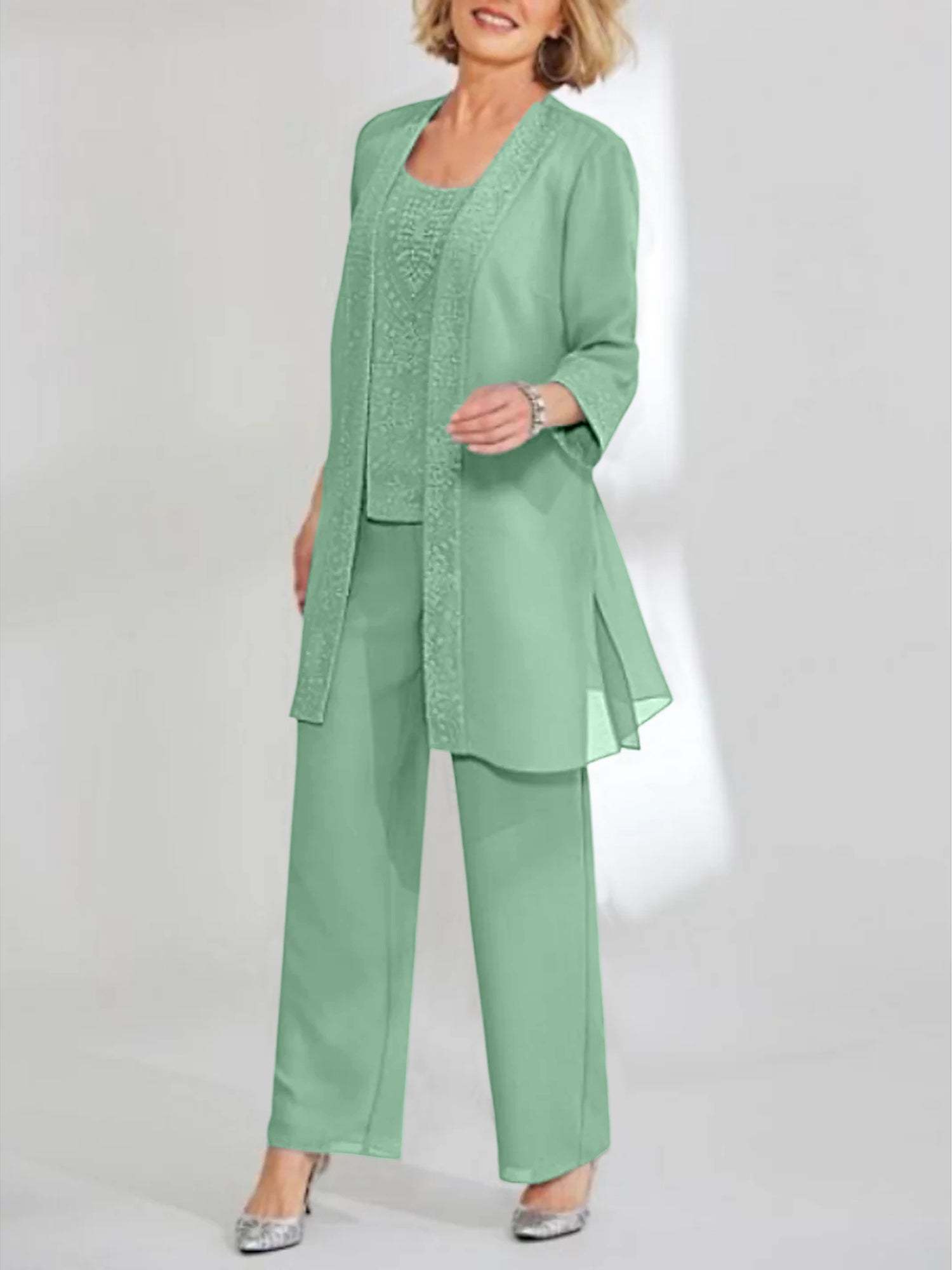 Ankle-Length Chiffon Mother of the Bride Pantsuit with Jacket in Scoop Style-BMbridal