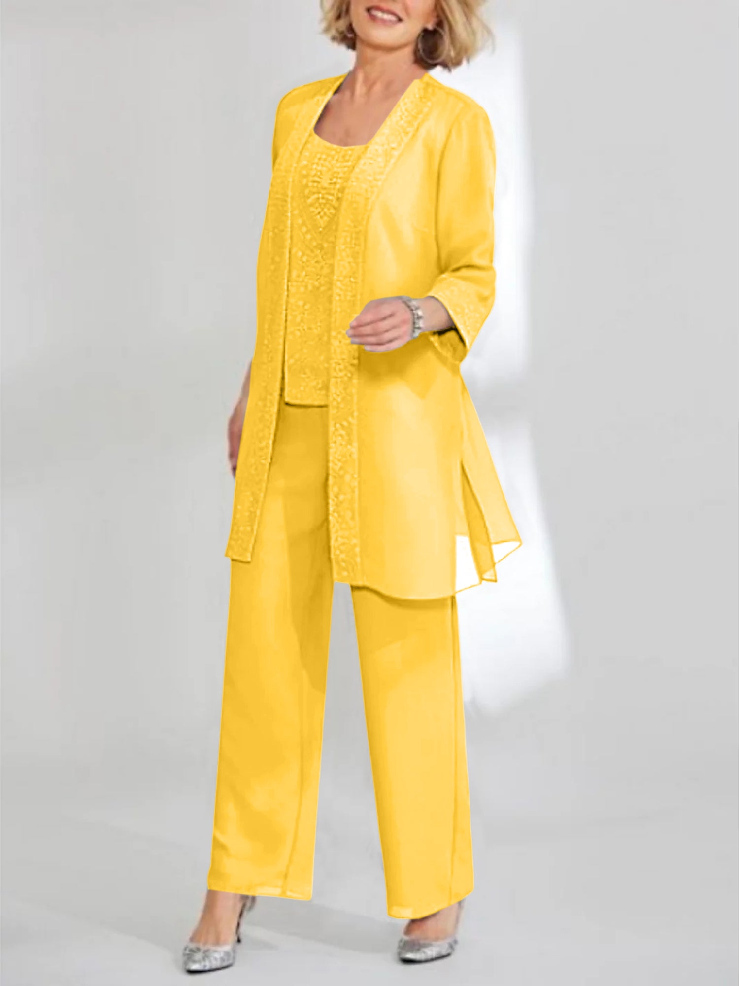 Ankle-Length Chiffon Mother of the Bride Pantsuit with Jacket in Scoop Style-BMbridal