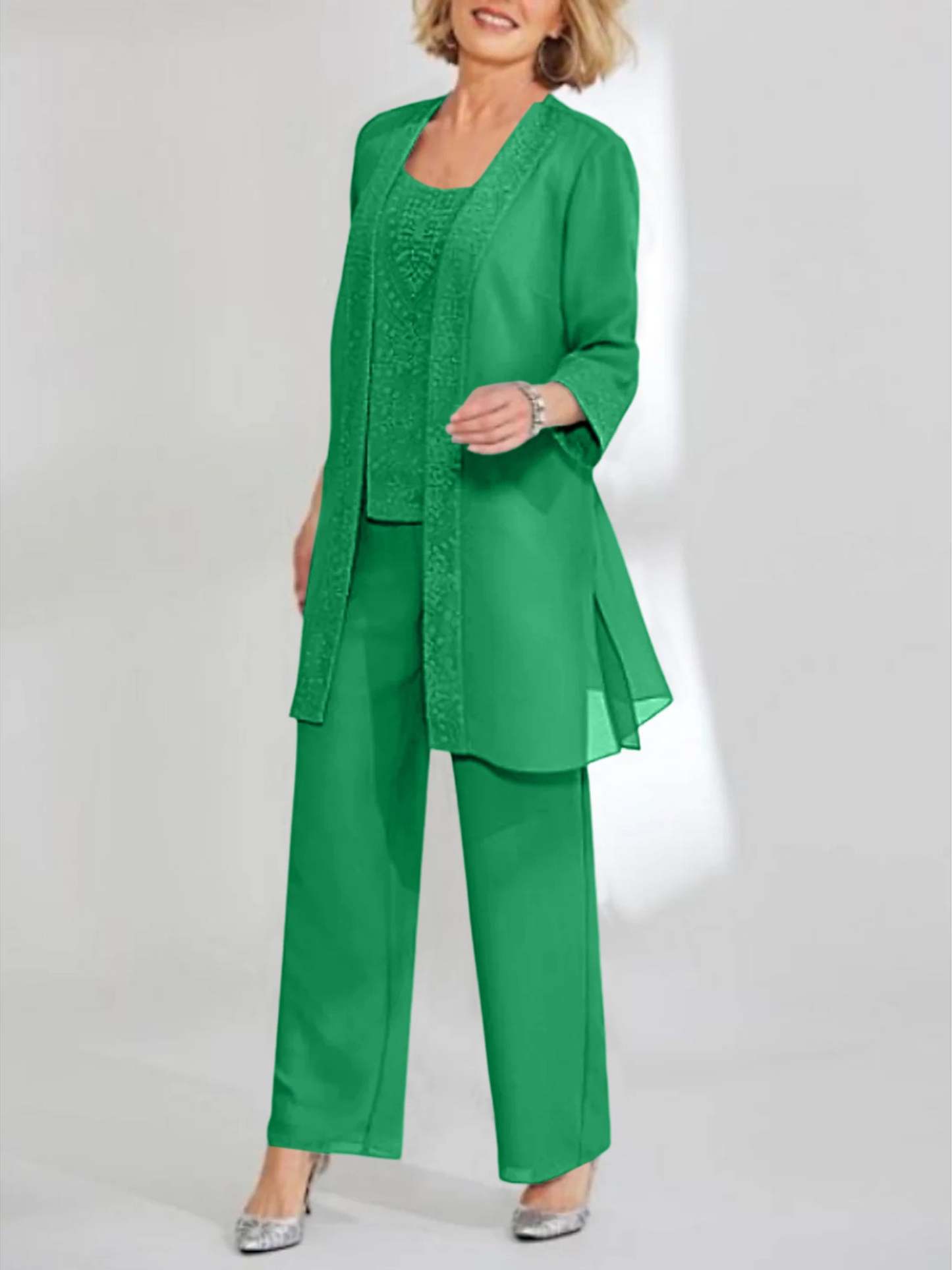 Ankle-Length Chiffon Mother of the Bride Pantsuit with Jacket in Scoop Style-BMbridal