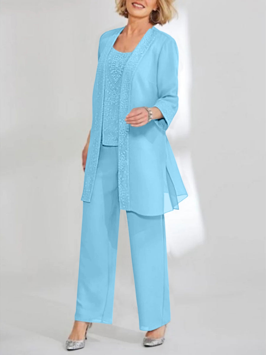 Ankle-Length Chiffon Mother of the Bride Pantsuit with Jacket in Scoop Style-BMbridal