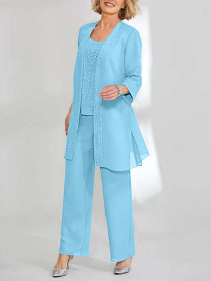 Ankle-Length Chiffon Mother of the Bride Pantsuit with Jacket in Scoop Style-BMbridal