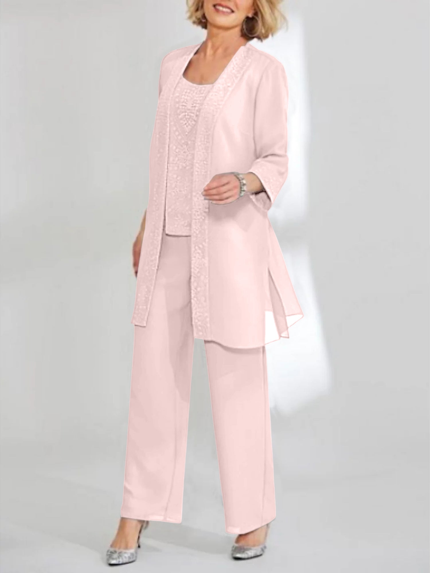 Ankle-Length Chiffon Mother of the Bride Pantsuit with Jacket in Scoop Style-BMbridal