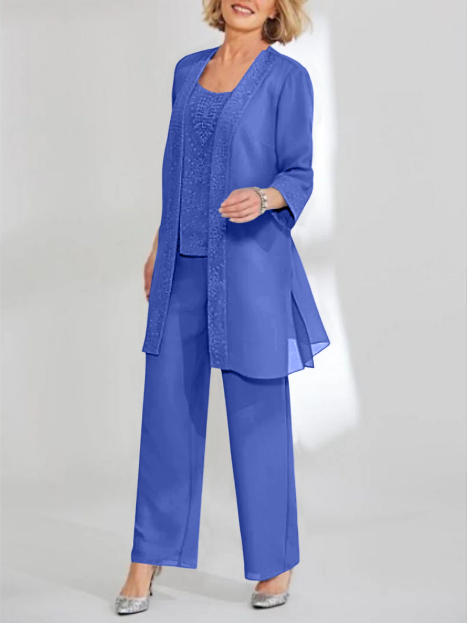 Ankle-Length Chiffon Mother of the Bride Pantsuit with Jacket in Scoop Style-BMbridal