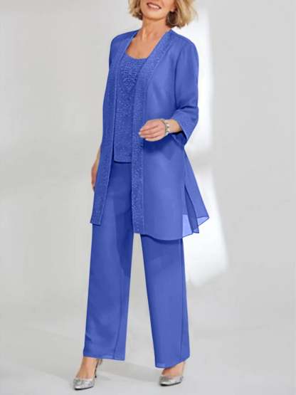 Ankle-Length Chiffon Mother of the Bride Pantsuit with Jacket in Scoop Style-BMbridal