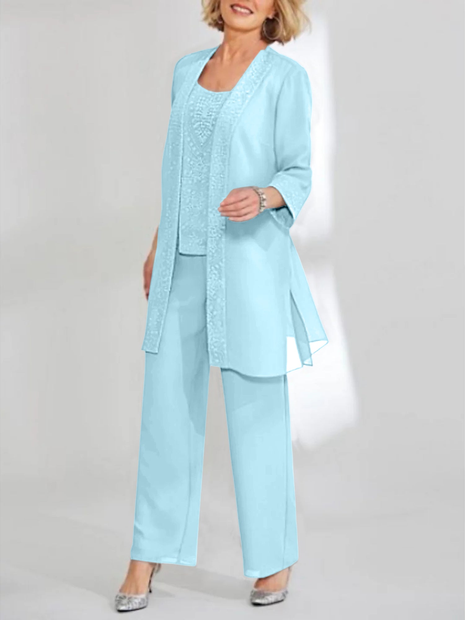Ankle-Length Chiffon Mother of the Bride Pantsuit with Jacket in Scoop Style-BMbridal