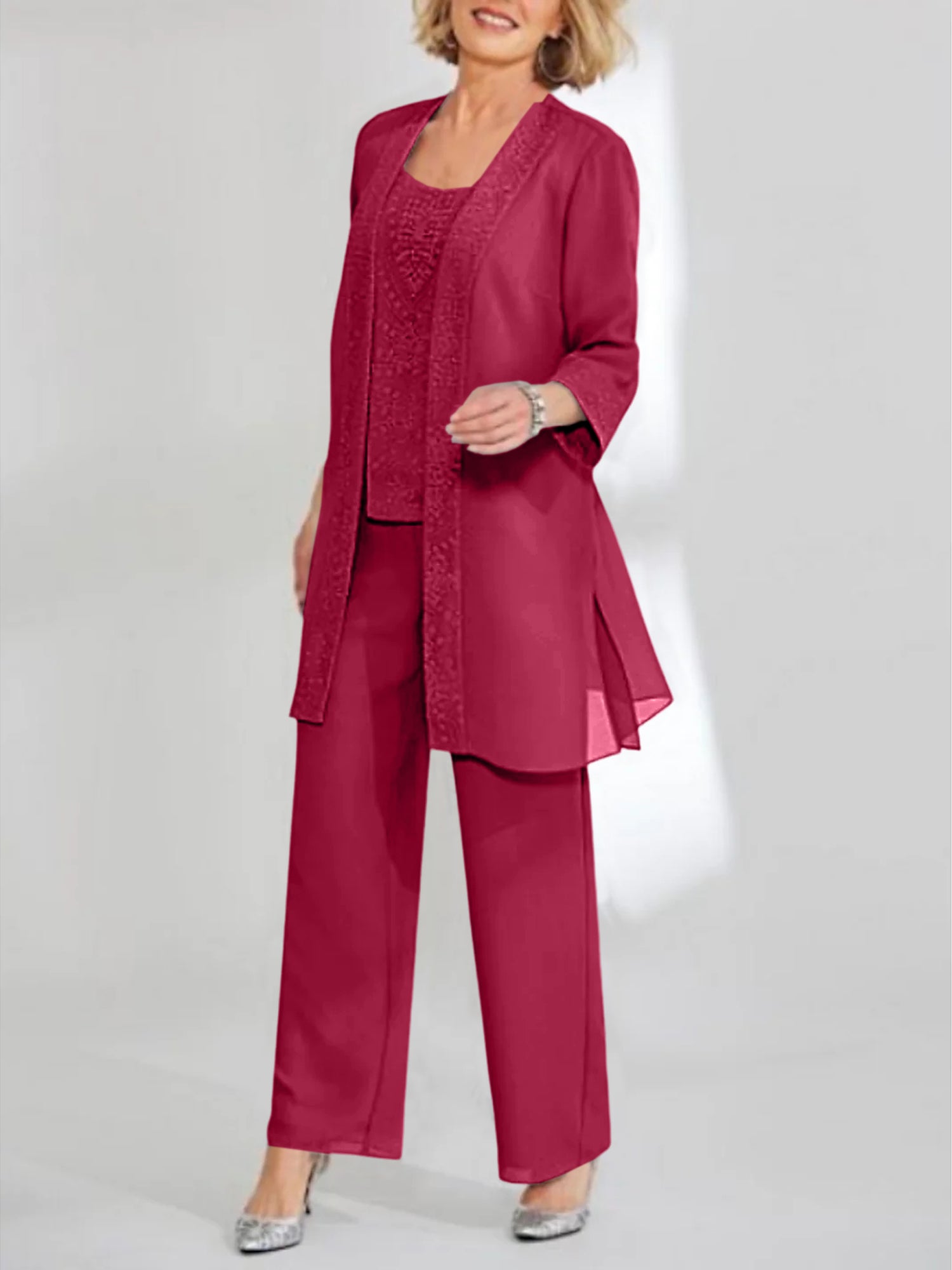 Ankle-Length Chiffon Mother of the Bride Pantsuit with Jacket in Scoop Style-BMbridal