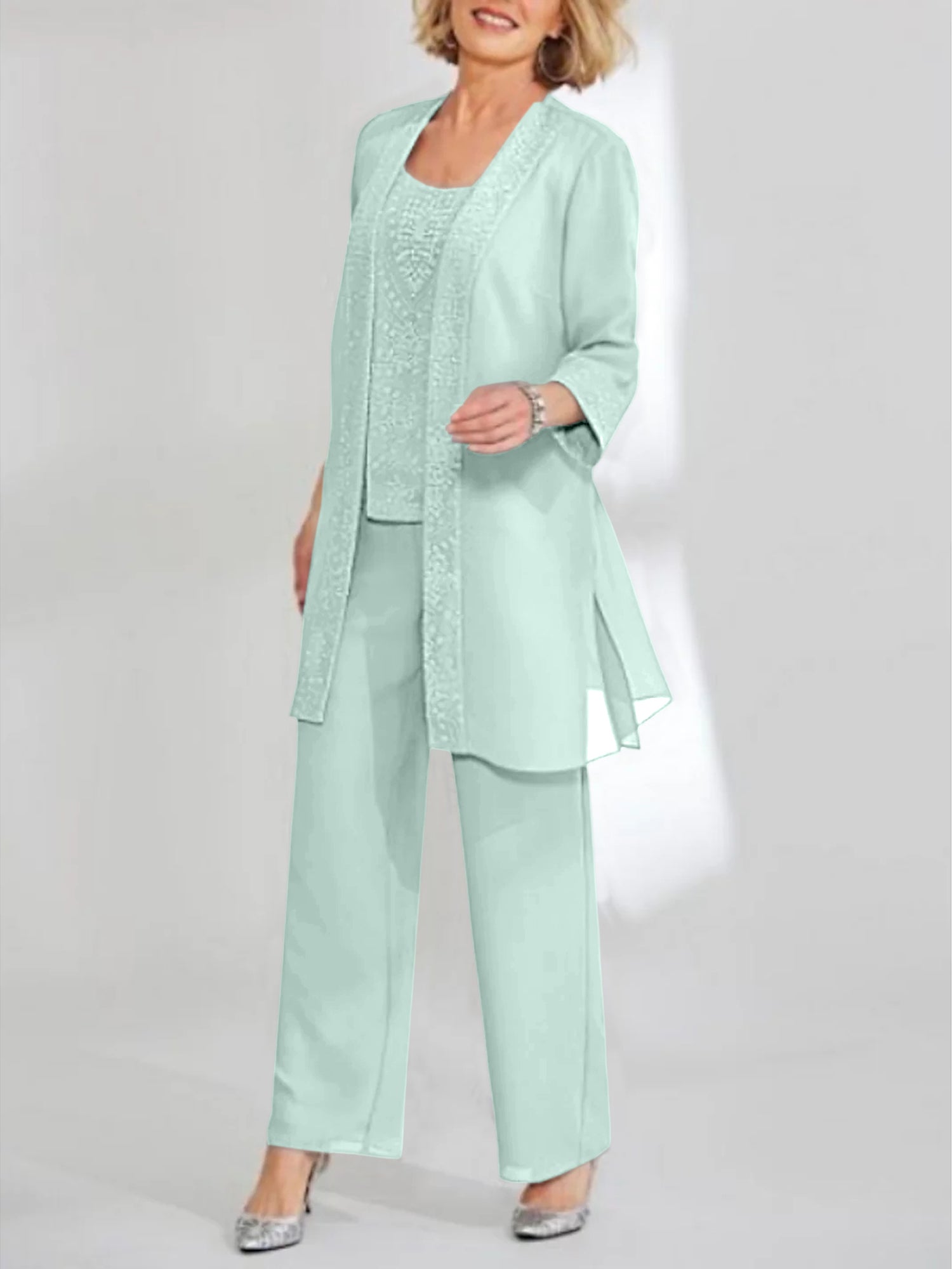 Ankle-Length Chiffon Mother of the Bride Pantsuit with Jacket in Scoop Style-BMbridal