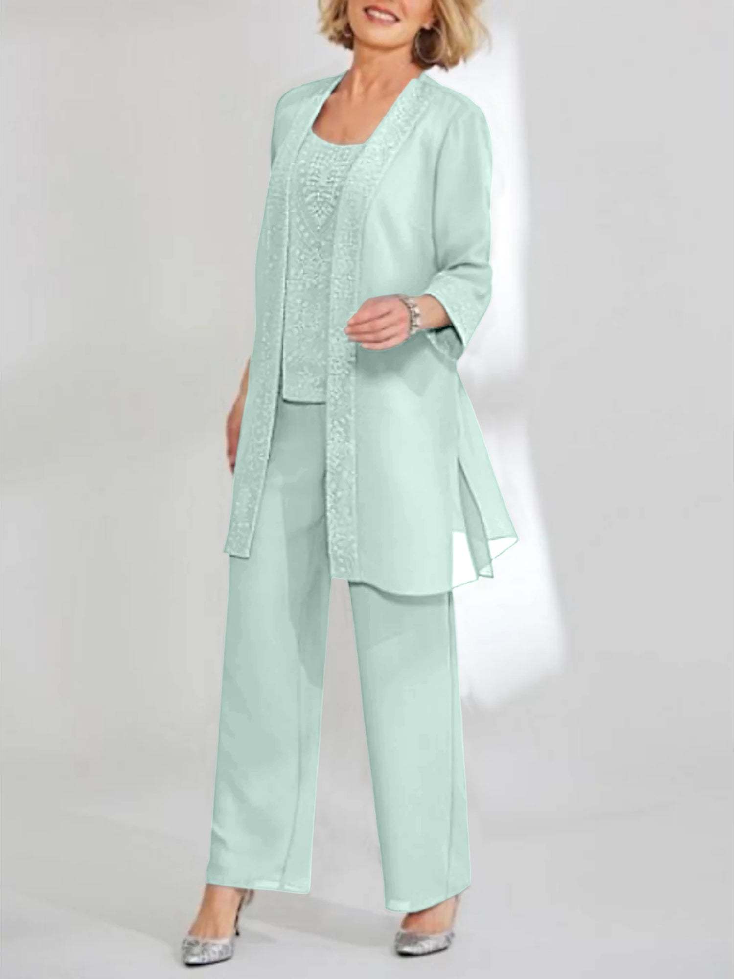 Ankle-Length Chiffon Mother of the Bride Pantsuit with Jacket in Scoop Style-BMbridal