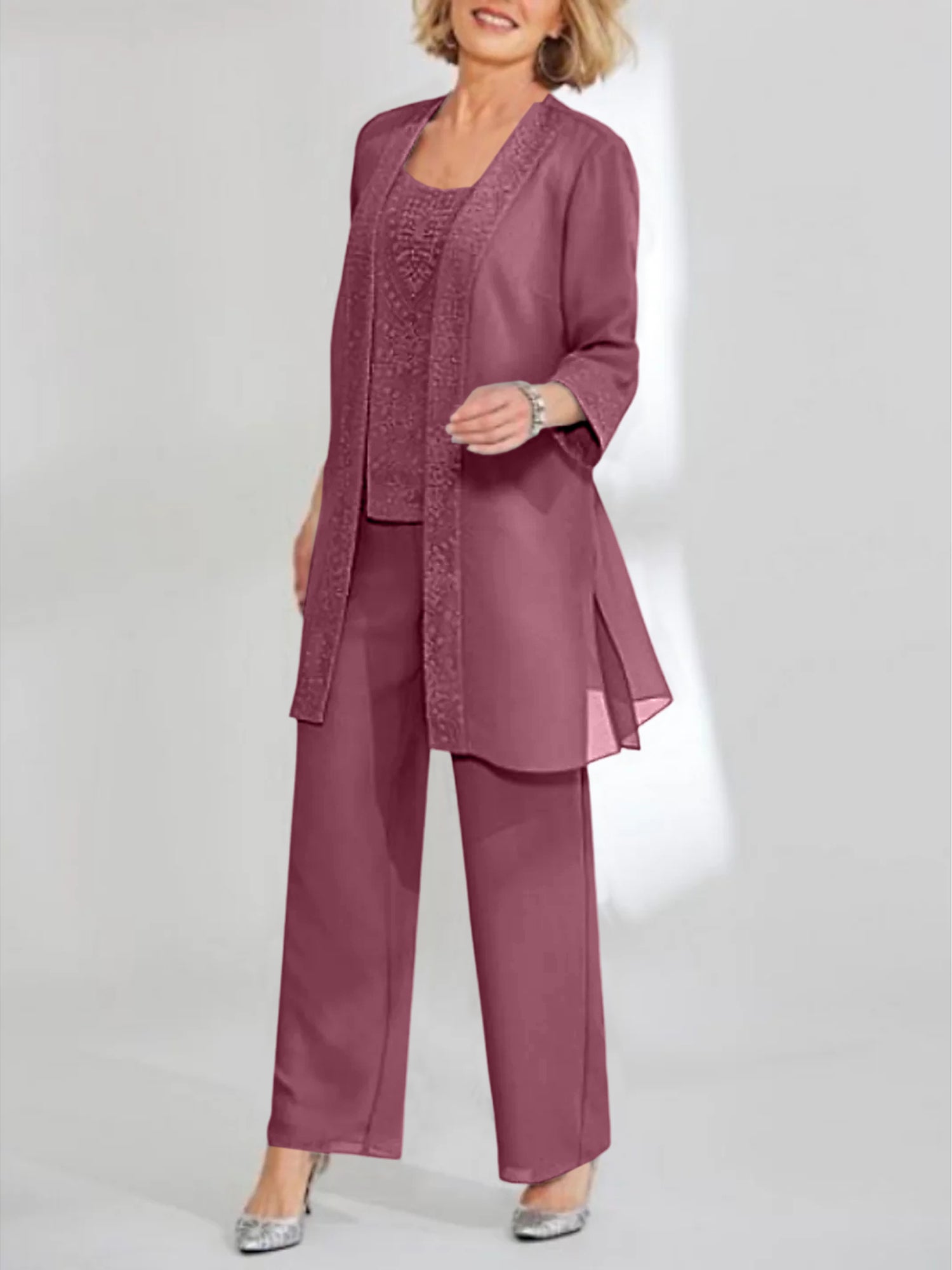 Ankle-Length Chiffon Mother of the Bride Pantsuit with Jacket in Scoop Style-BMbridal