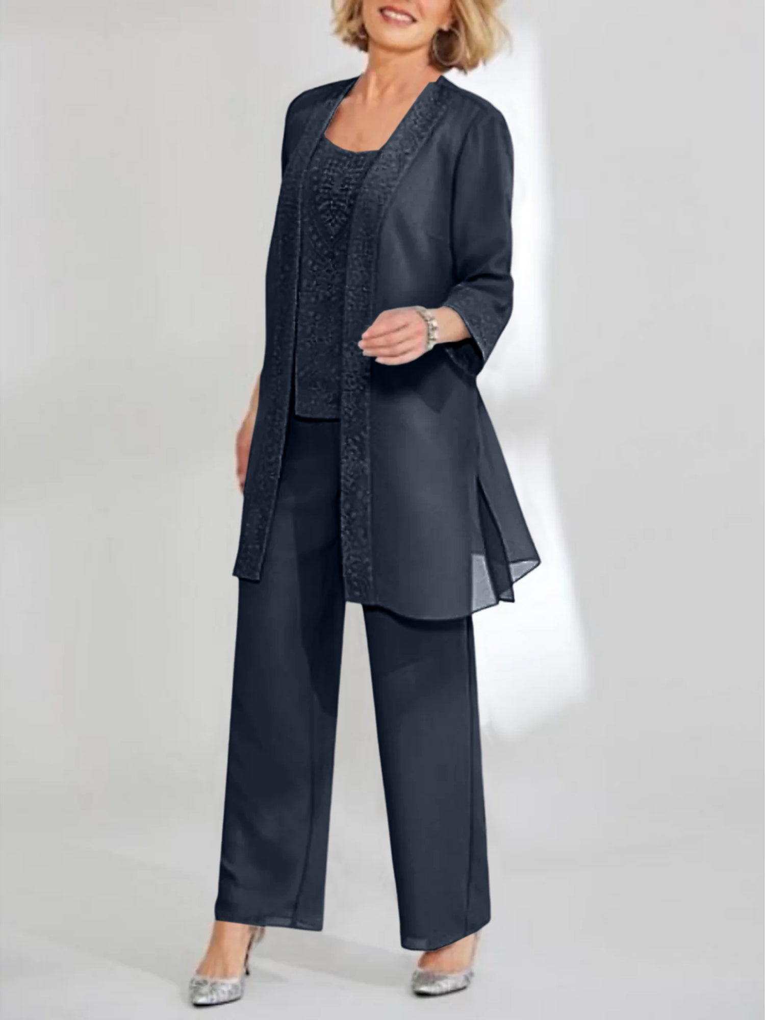 Ankle-Length Chiffon Mother of the Bride Pantsuit with Jacket in Scoop Style-BMbridal