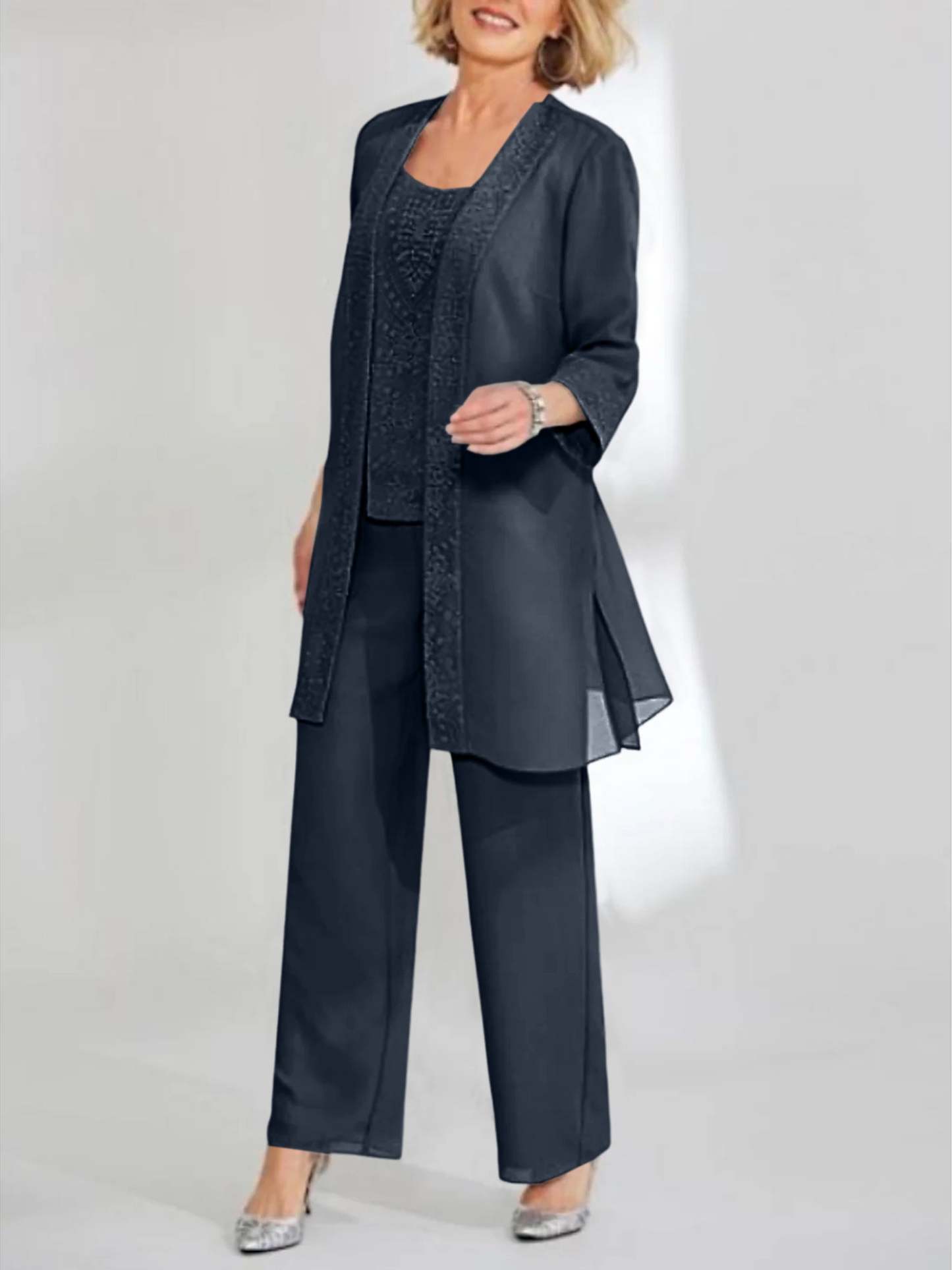 Ankle-Length Chiffon Mother of the Bride Pantsuit with Jacket in Scoop Style-BMbridal