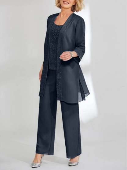 Ankle-Length Chiffon Mother of the Bride Pantsuit with Jacket in Scoop Style-BMbridal