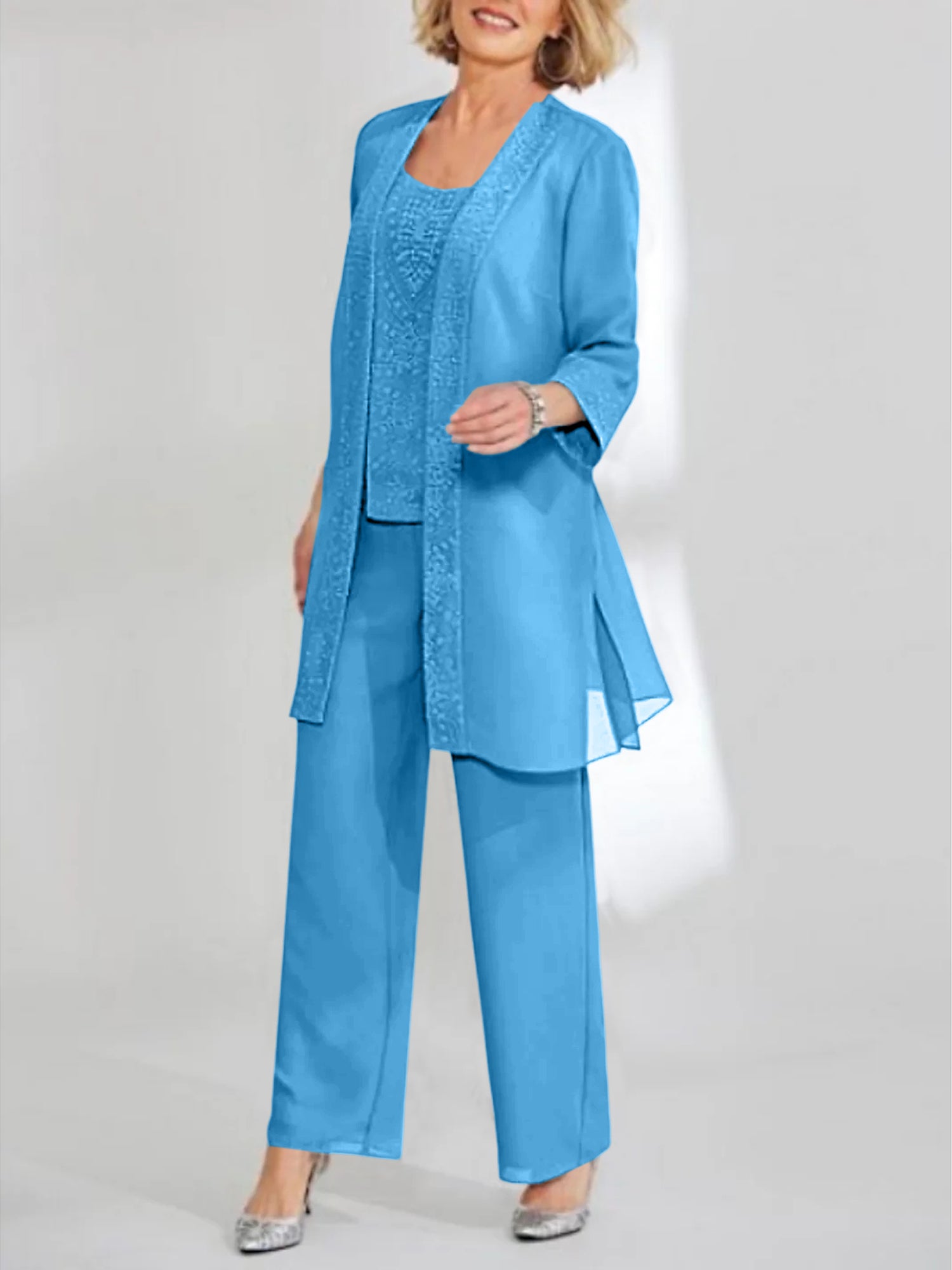Ankle-Length Chiffon Mother of the Bride Pantsuit with Jacket in Scoop Style-BMbridal