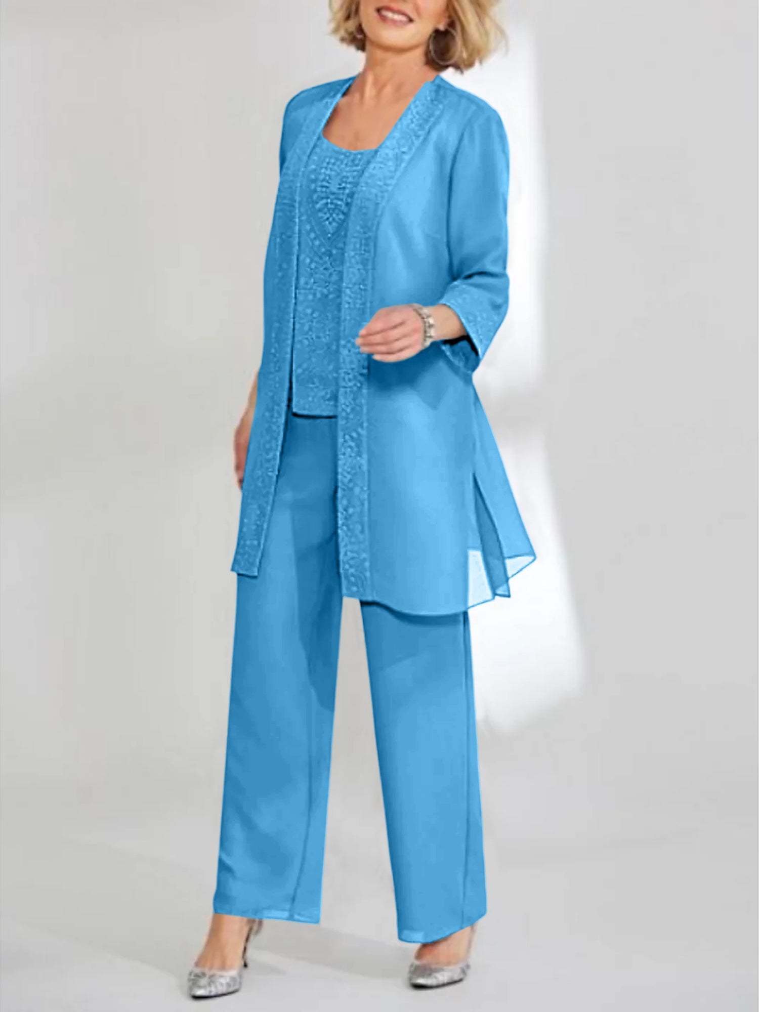Ankle-Length Chiffon Mother of the Bride Pantsuit with Jacket in Scoop Style-BMbridal