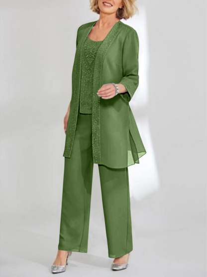Ankle-Length Chiffon Mother of the Bride Pantsuit with Jacket in Scoop Style-BMbridal