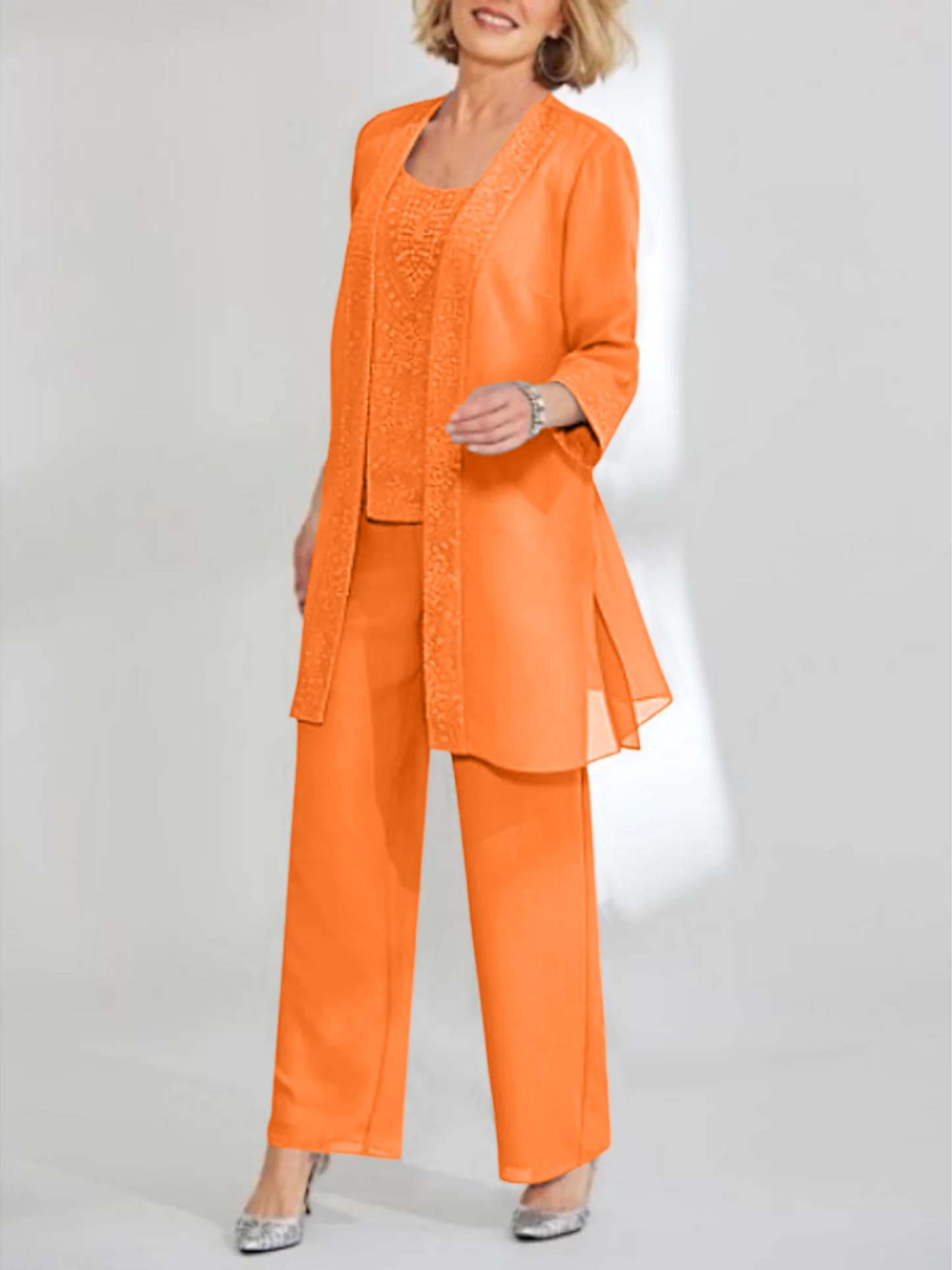 Ankle-Length Chiffon Mother of the Bride Pantsuit with Jacket in Scoop Style-BMbridal