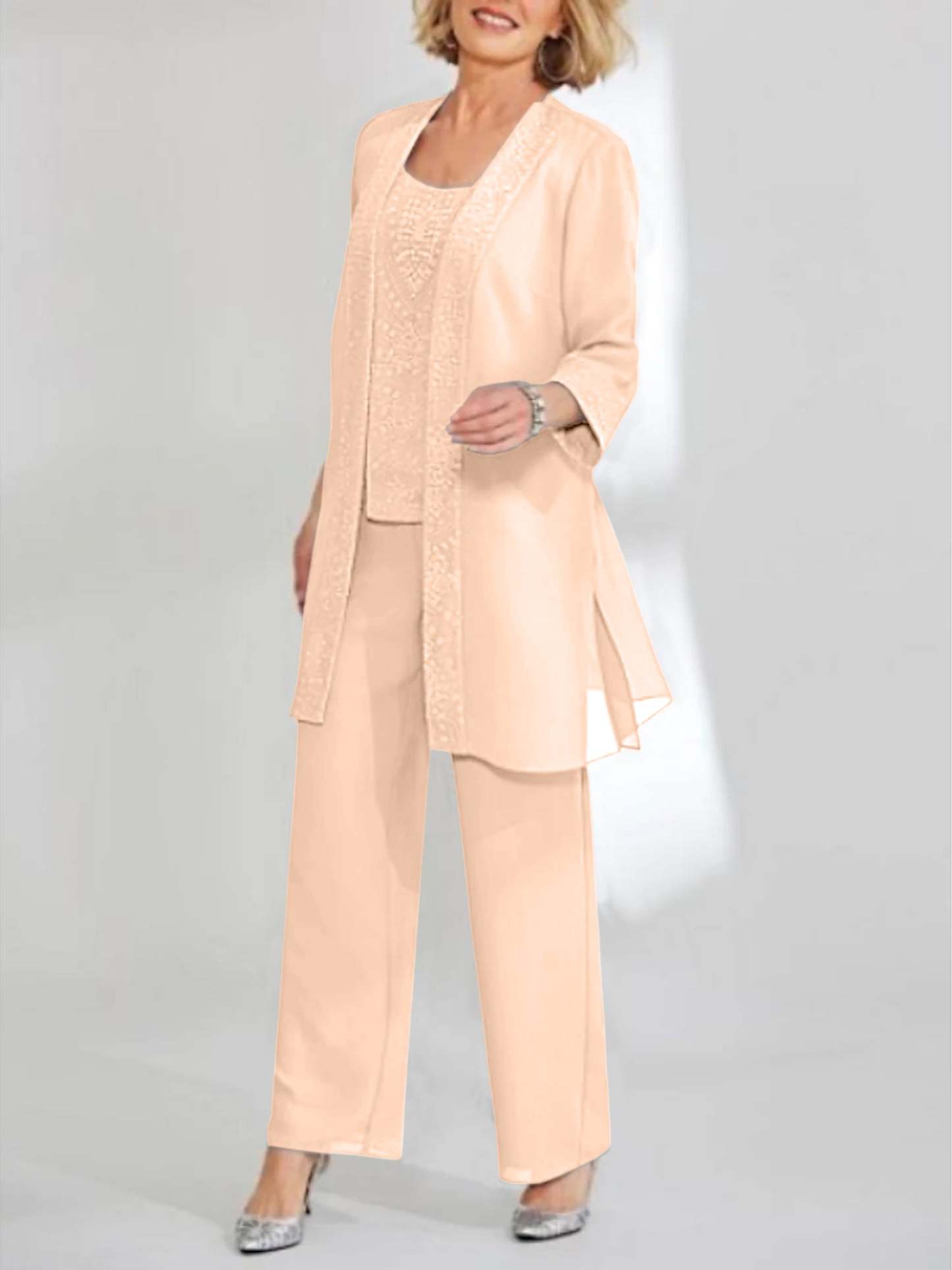 Ankle-Length Chiffon Mother of the Bride Pantsuit with Jacket in Scoop Style-BMbridal