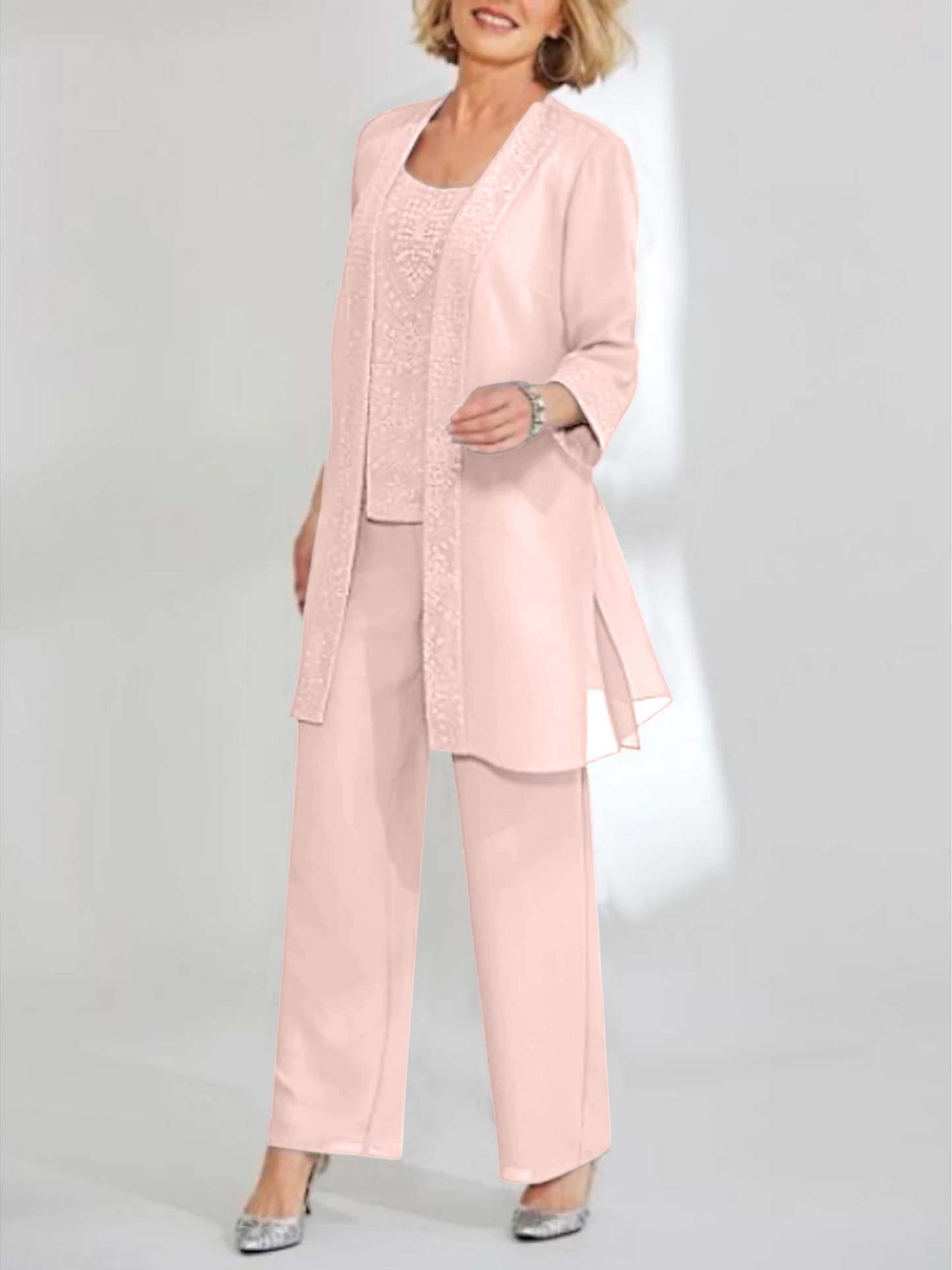 Ankle-Length Chiffon Mother of the Bride Pantsuit with Jacket in Scoop Style-BMbridal