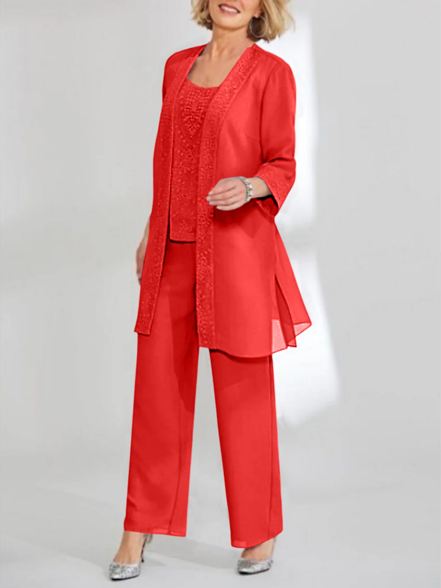 Ankle-Length Chiffon Mother of the Bride Pantsuit with Jacket in Scoop Style-BMbridal